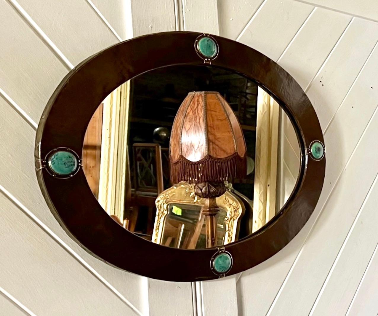Arts & Crafts Patinated Brass Mirror With Ruskin Insets By Liberty & Co In Good Condition In Petworth, GB