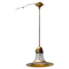 Antique Arts & Crafts Brass Pendant with Origina Blownl Glass Shade, 1900s