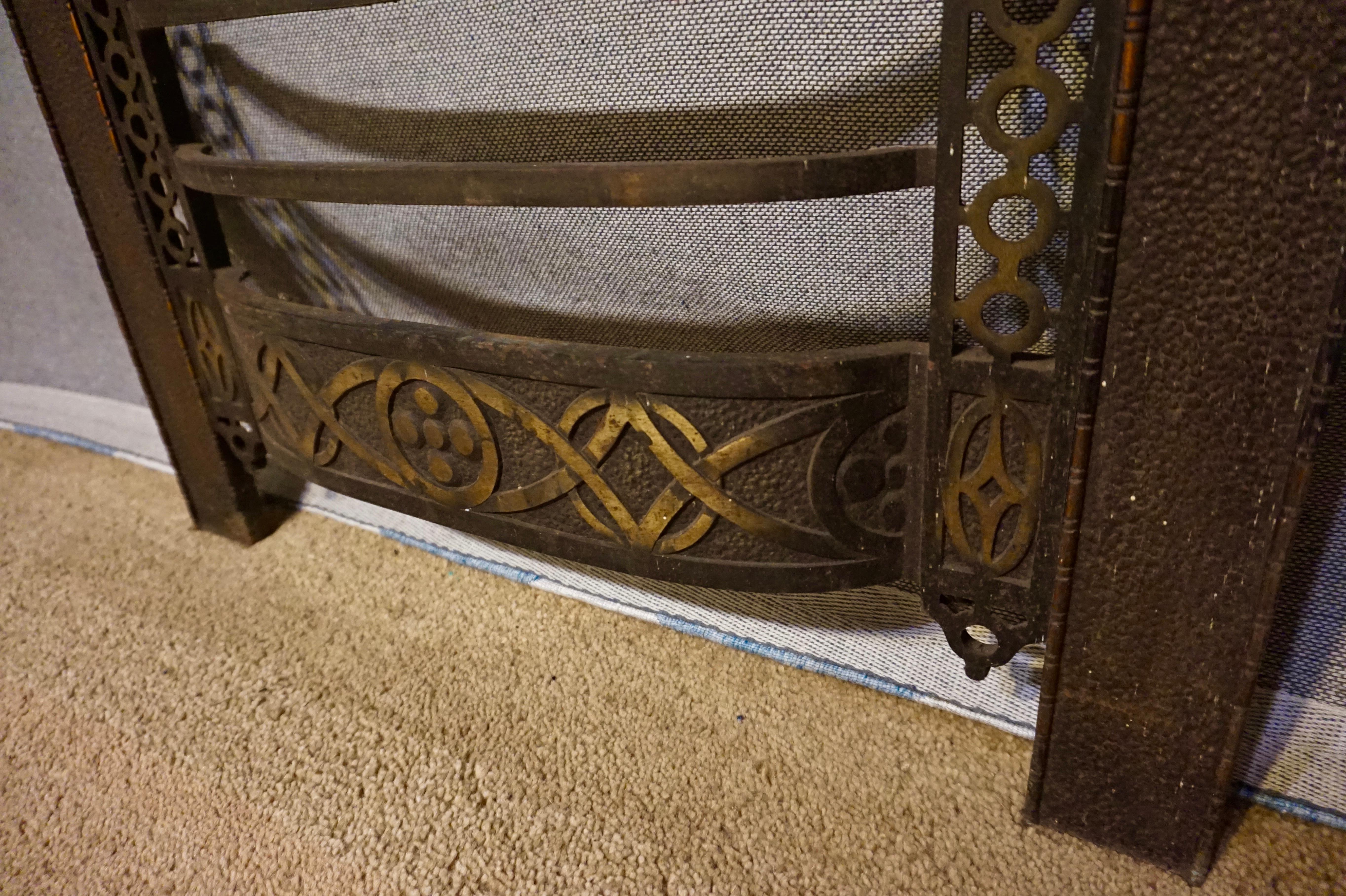 Arts and Crafts Arts & Crafts Brass Tooled Celtic Themed Fireplace Bungalow Mantle For Sale