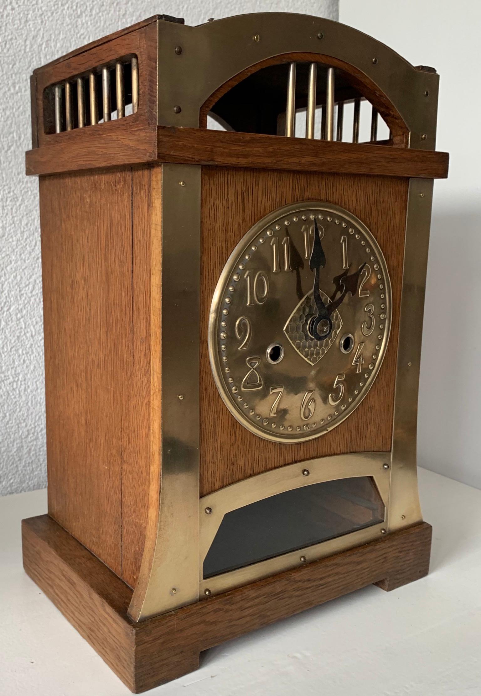 Beautiful and stylish clock, in good working order.

If you are looking for an exceptionally designed clock from the Arts & Crafts era then this rare mantel clock could be yours to enjoy soon. You will rarely find a table clock from the Arts &