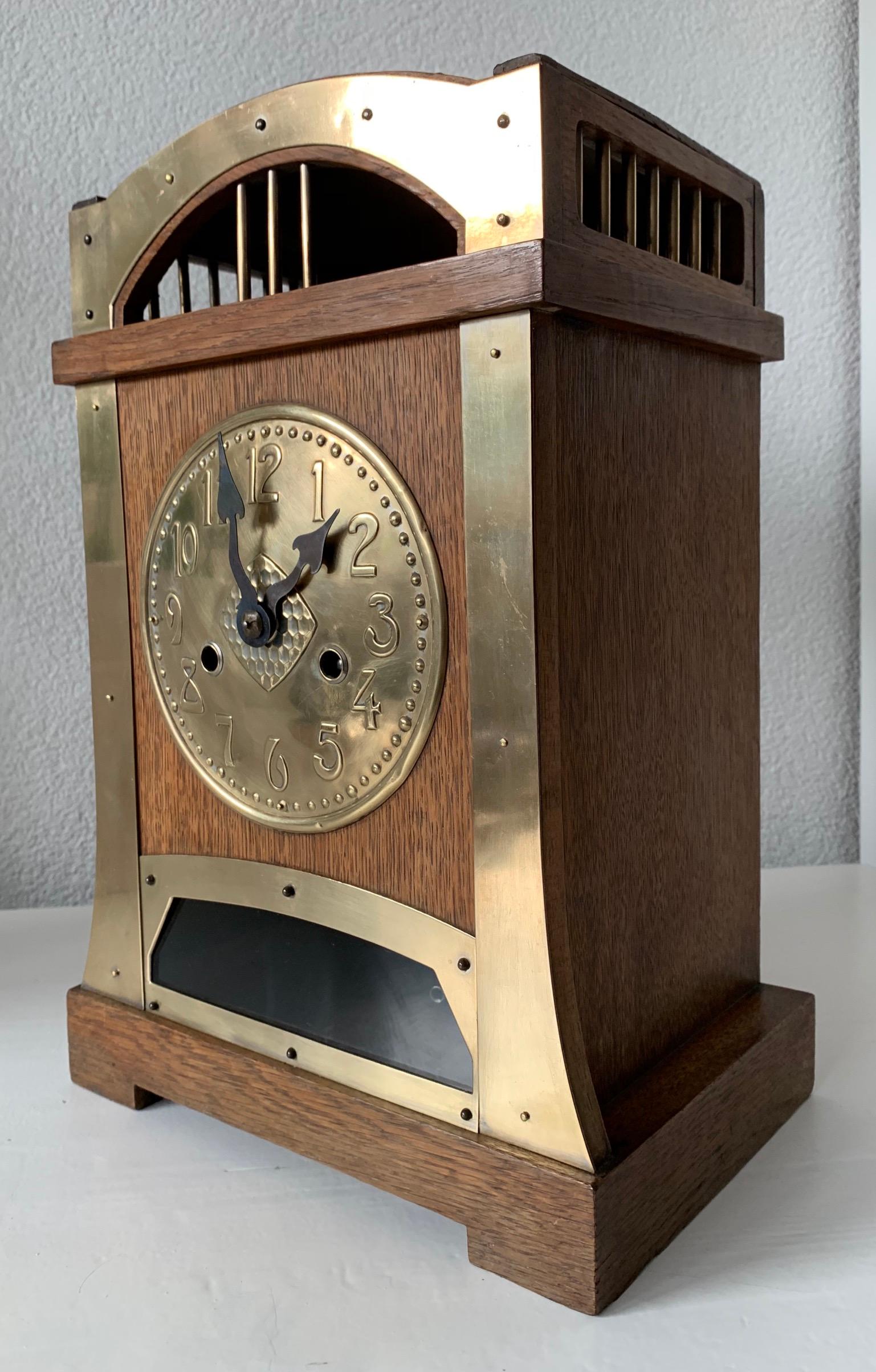 Jugendstil Arts & Crafts Brass & Wood Gustave Serrurier-Bovy Style Pendulum / Table Clock