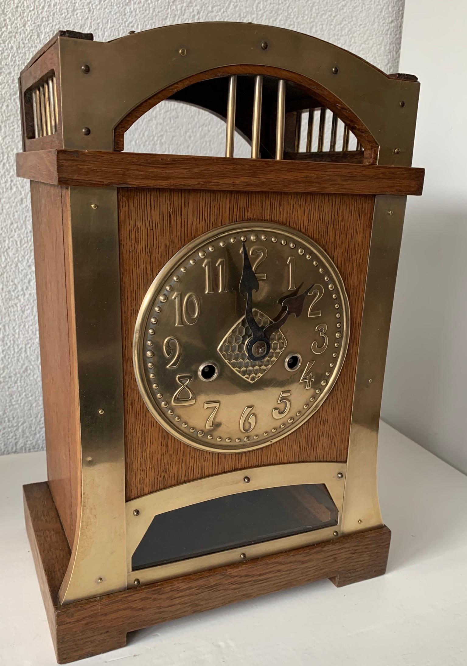 European Arts & Crafts Brass & Wood Gustave Serrurier-Bovy Style Pendulum / Table Clock