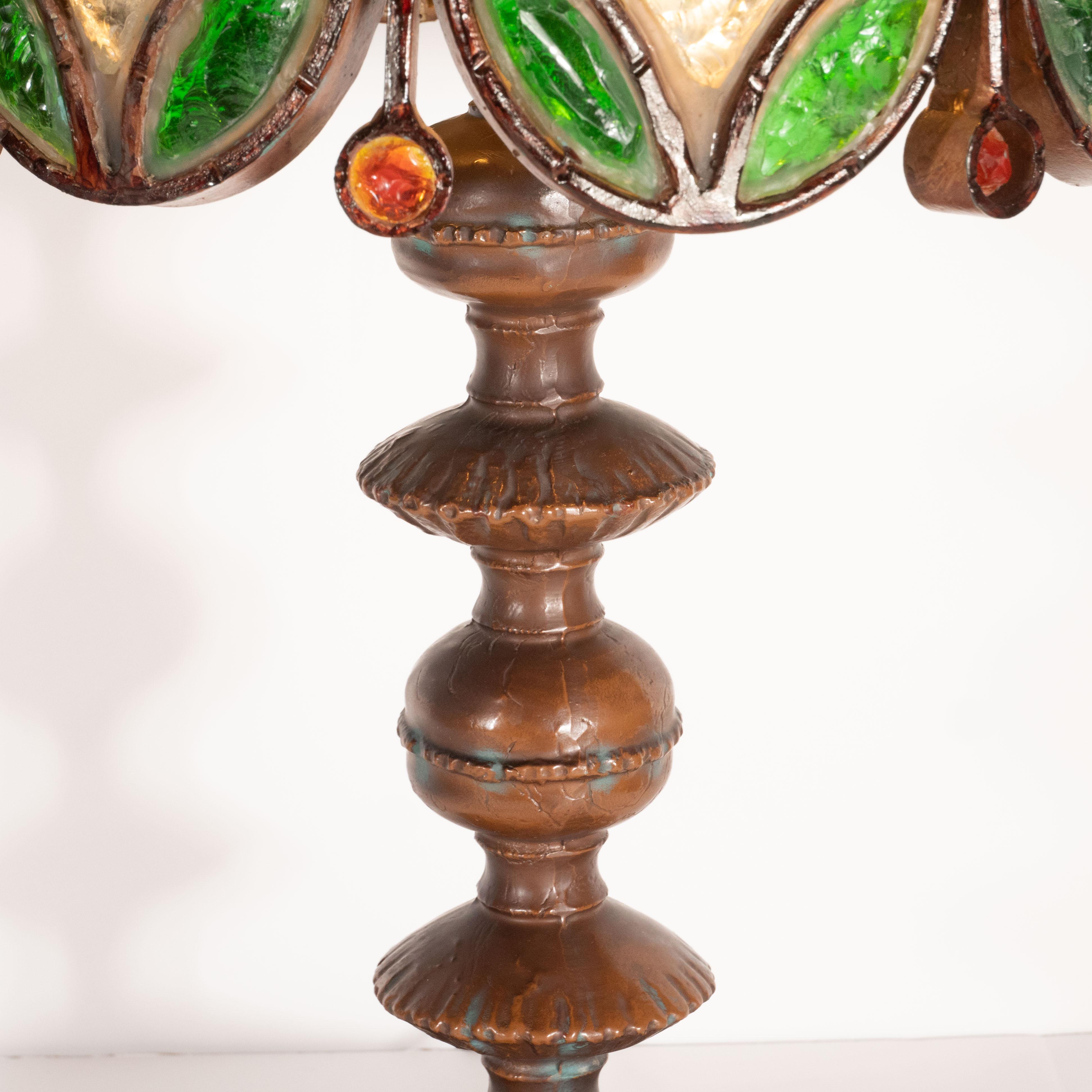 Arts and Crafts Arts & Crafts Bronze and Leaded Amber, Emerald and Citrine Chip Glass Table Lamp