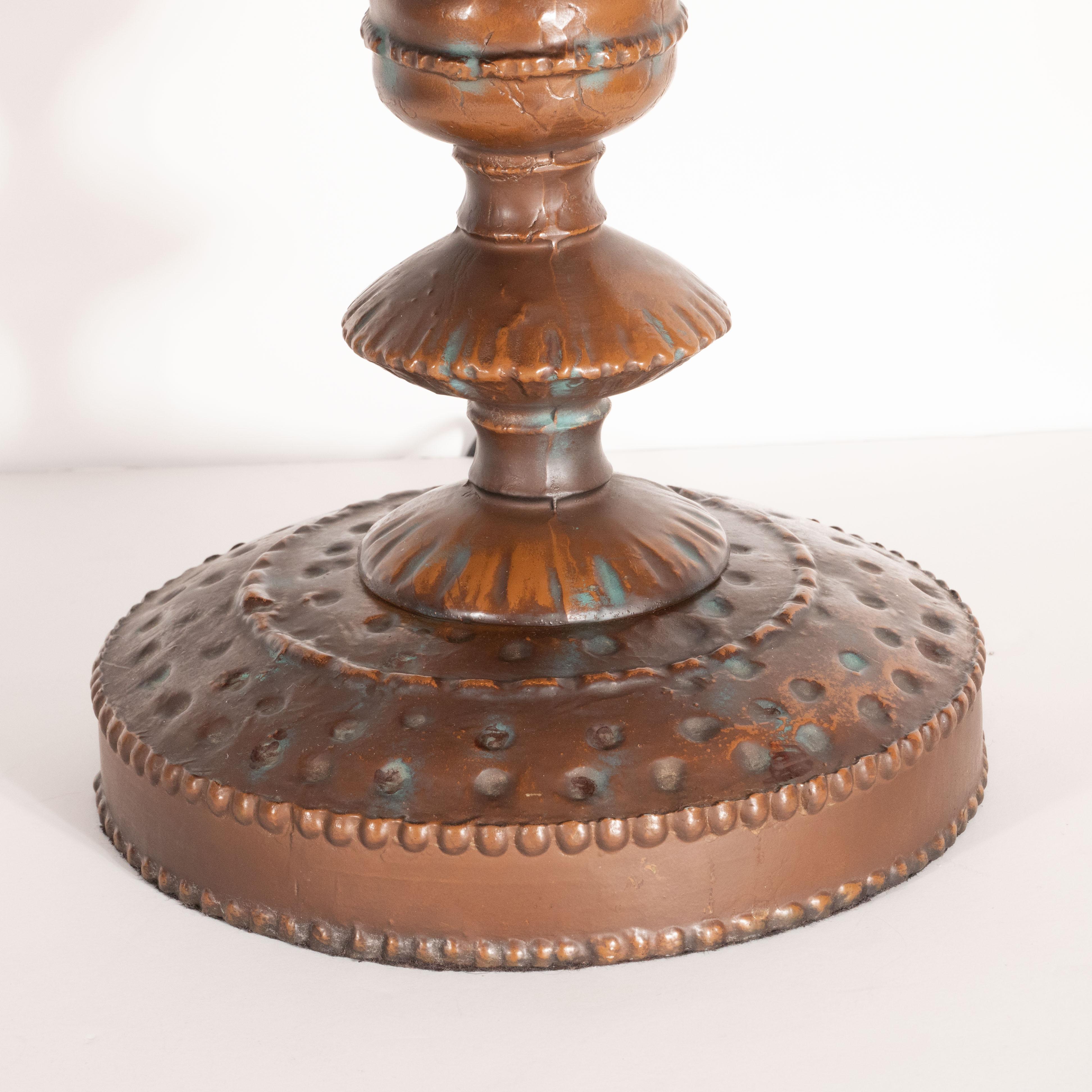 American Arts & Crafts Bronze and Leaded Amber, Emerald and Citrine Chip Glass Table Lamp