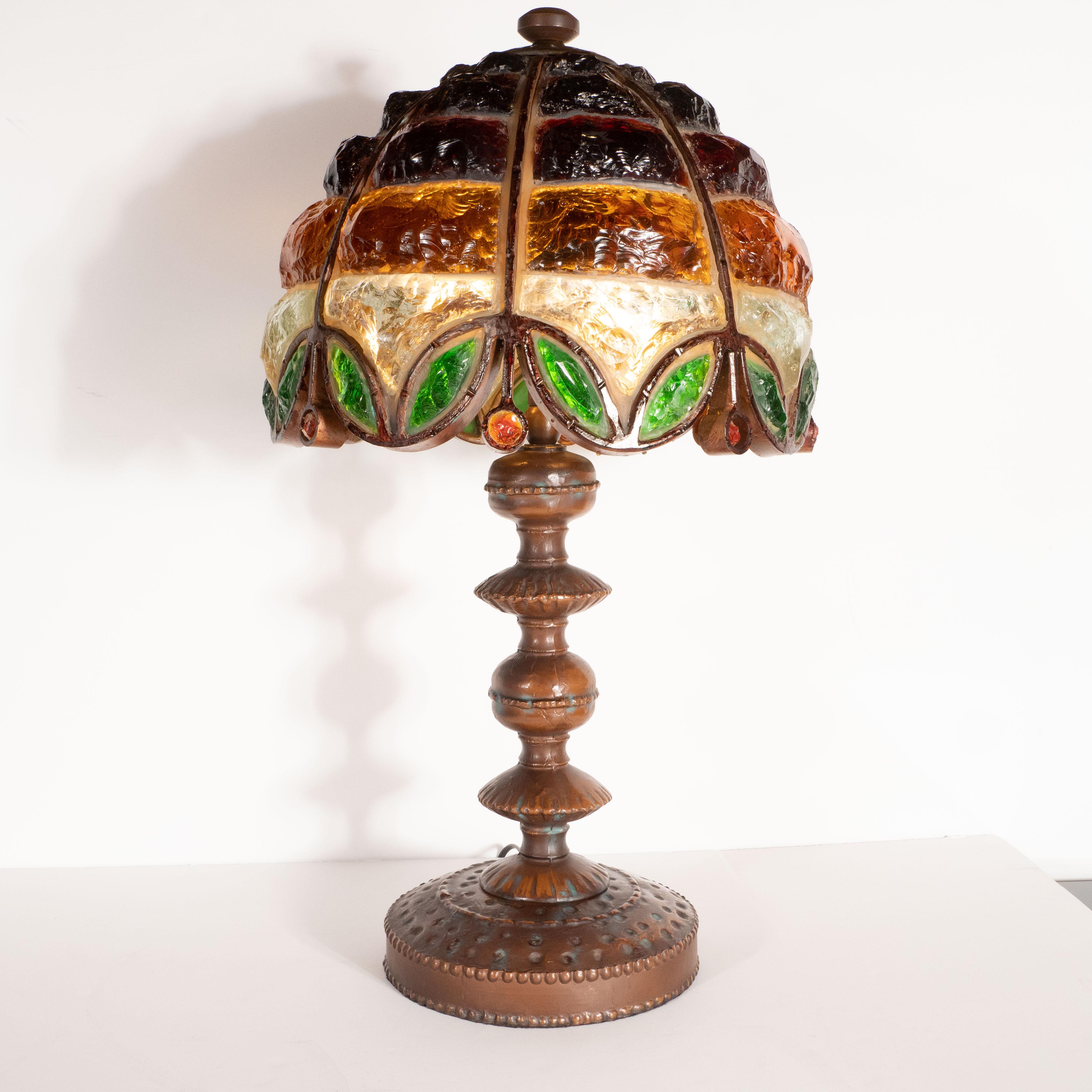 Arts & Crafts Bronze and Leaded Amber, Emerald and Citrine Chip Glass Table Lamp In Excellent Condition In New York, NY