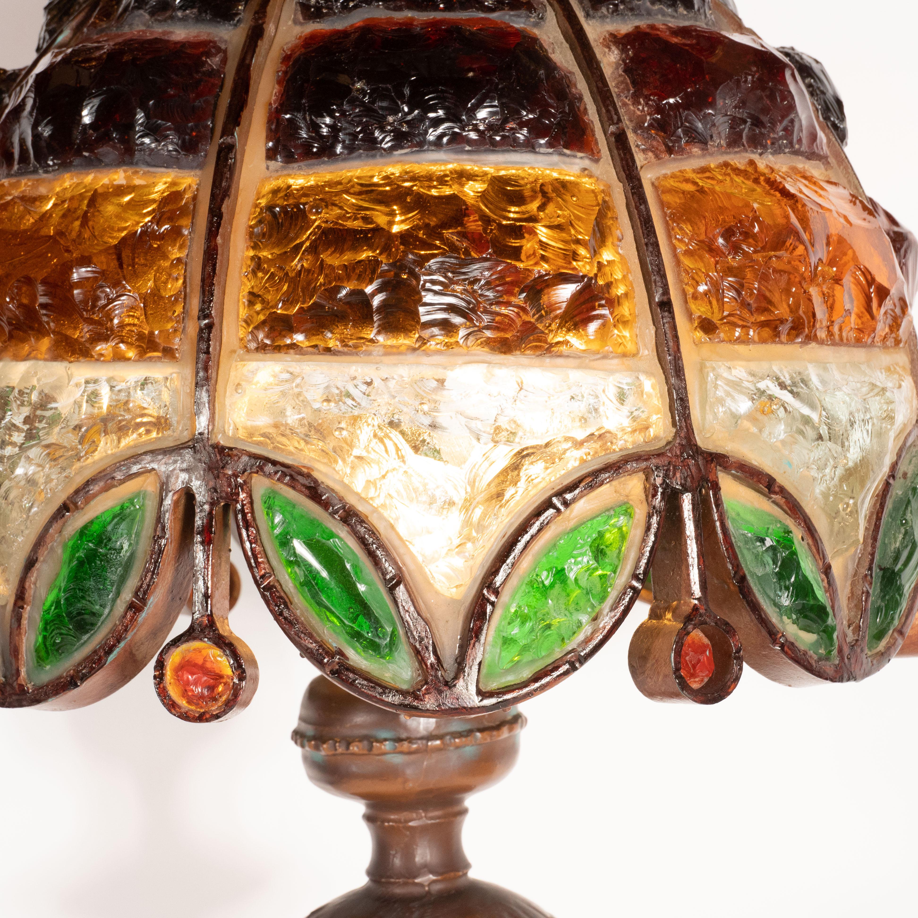 Early 20th Century Arts & Crafts Bronze and Leaded Amber, Emerald and Citrine Chip Glass Table Lamp