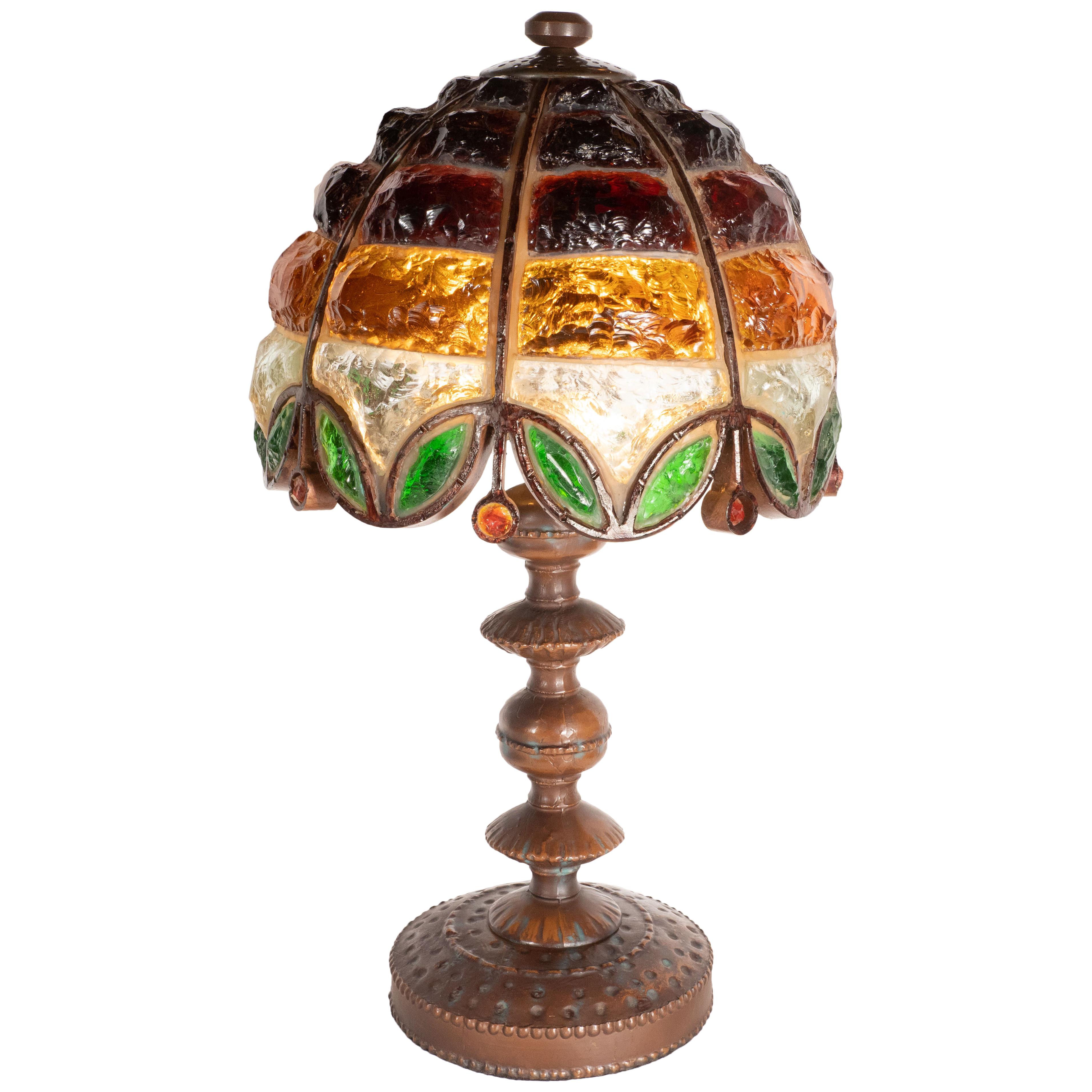 Arts & Crafts Bronze and Leaded Amber, Emerald and Citrine Chip Glass Table Lamp