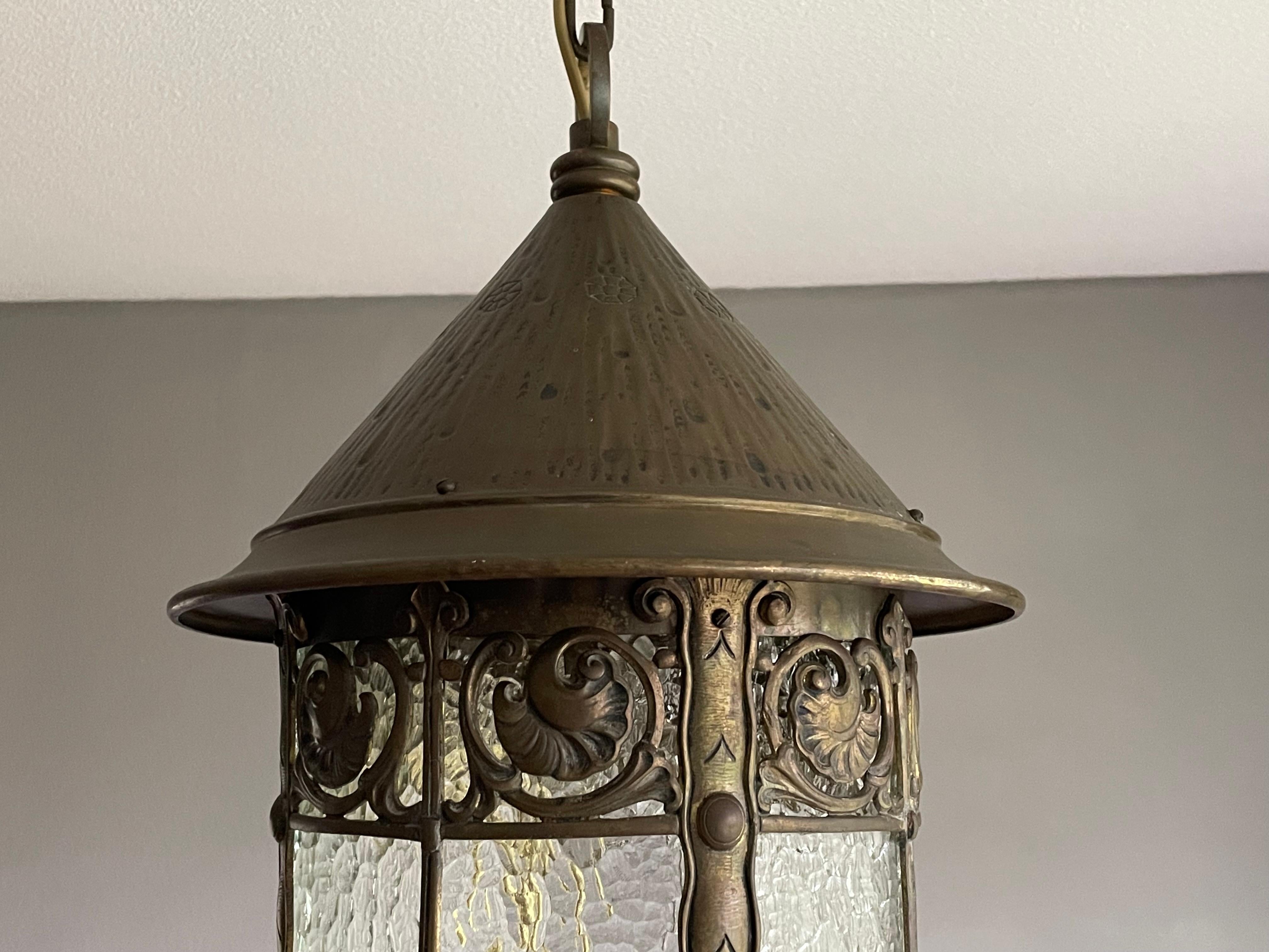 Arts & Crafts Bronze Brass & Cathedral Glass Hallway or Stable Lantern / Pendant For Sale 5