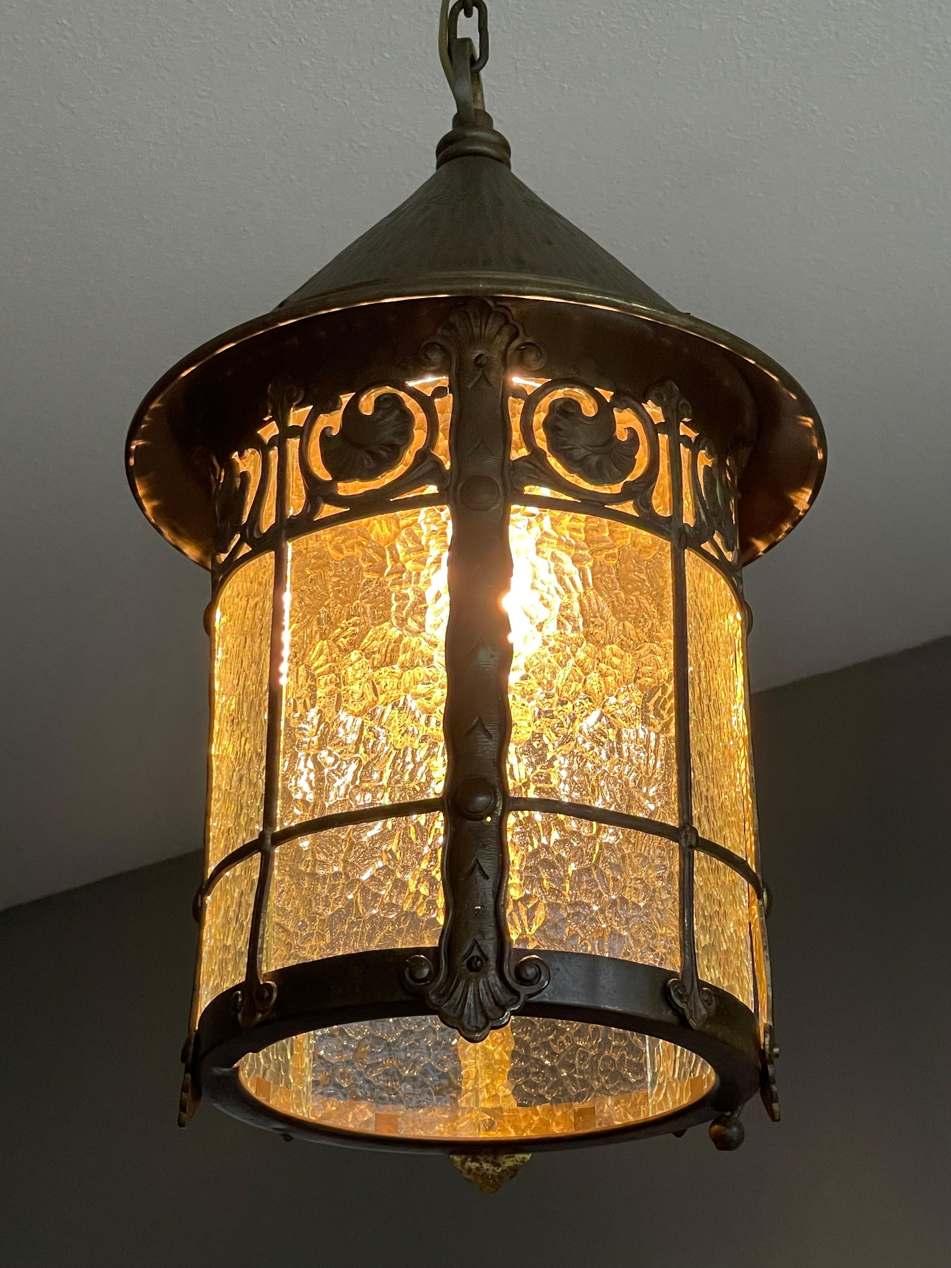 Arts & Crafts Bronze Brass & Cathedral Glass Hallway or Stable Lantern / Pendant For Sale 7
