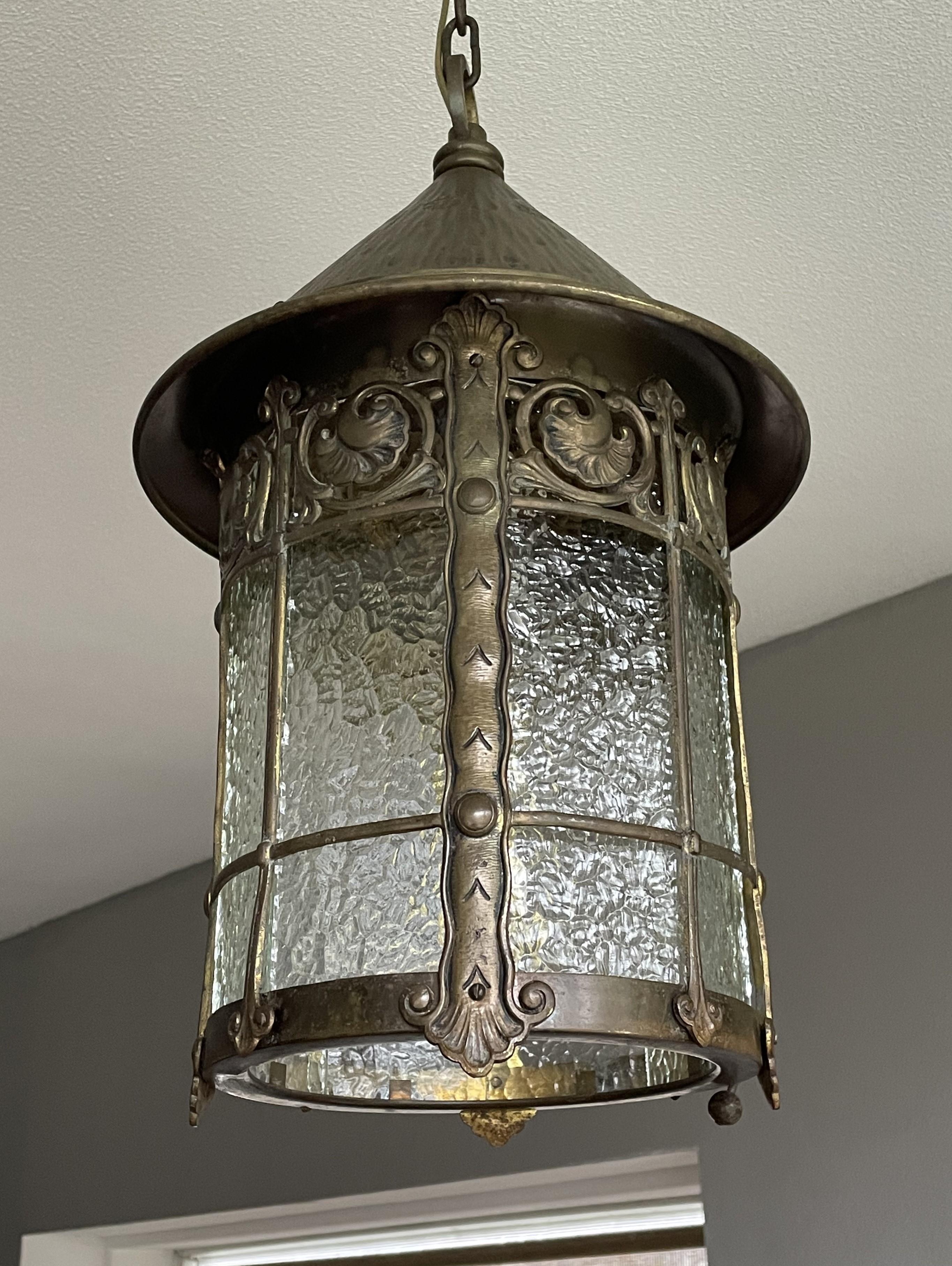 Arts & Crafts Bronze Brass & Cathedral Glass Hallway or Stable Lantern / Pendant For Sale 8
