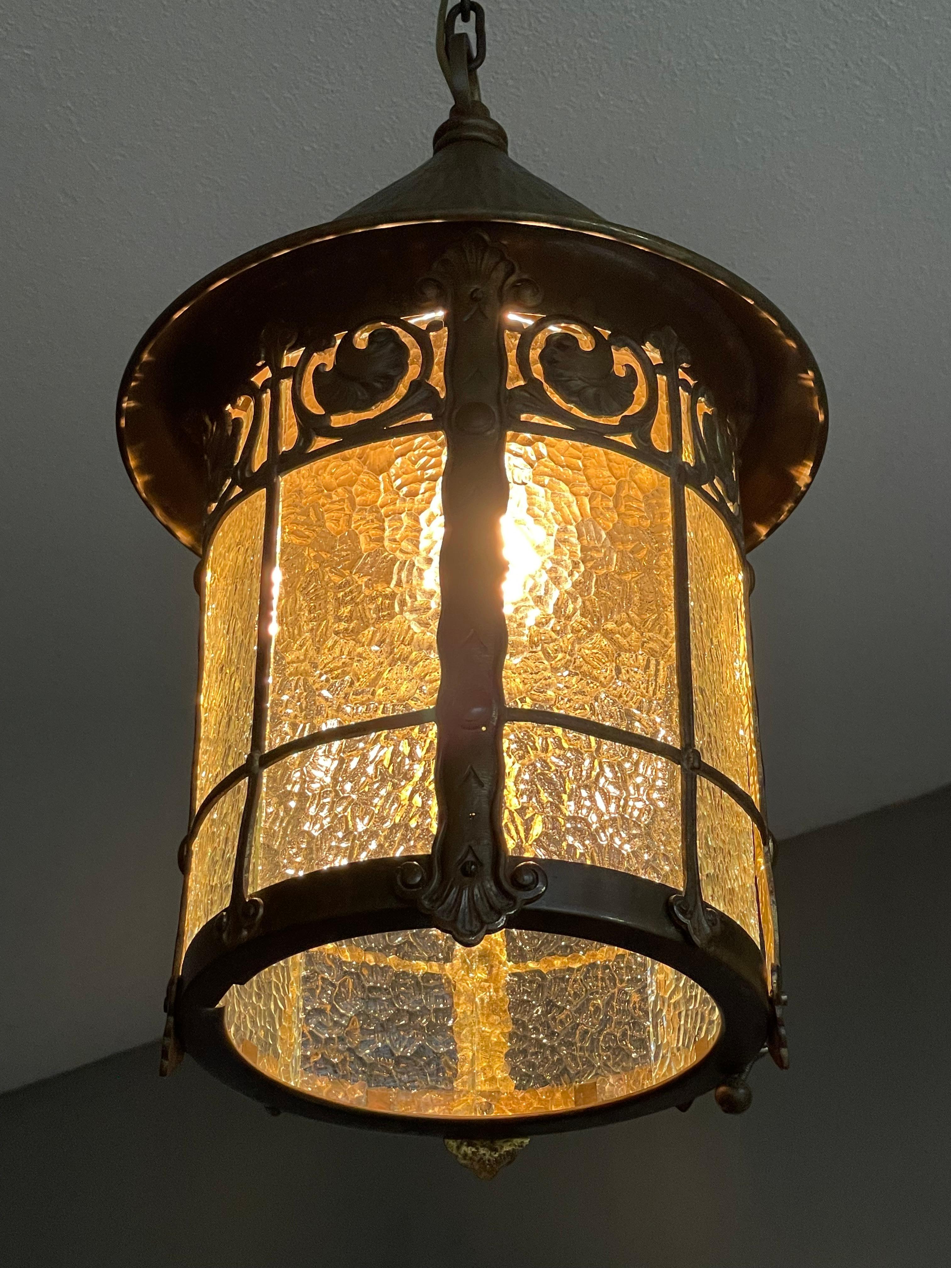 Arts & Crafts Bronze Brass & Cathedral Glass Hallway or Stable Lantern / Pendant For Sale 9