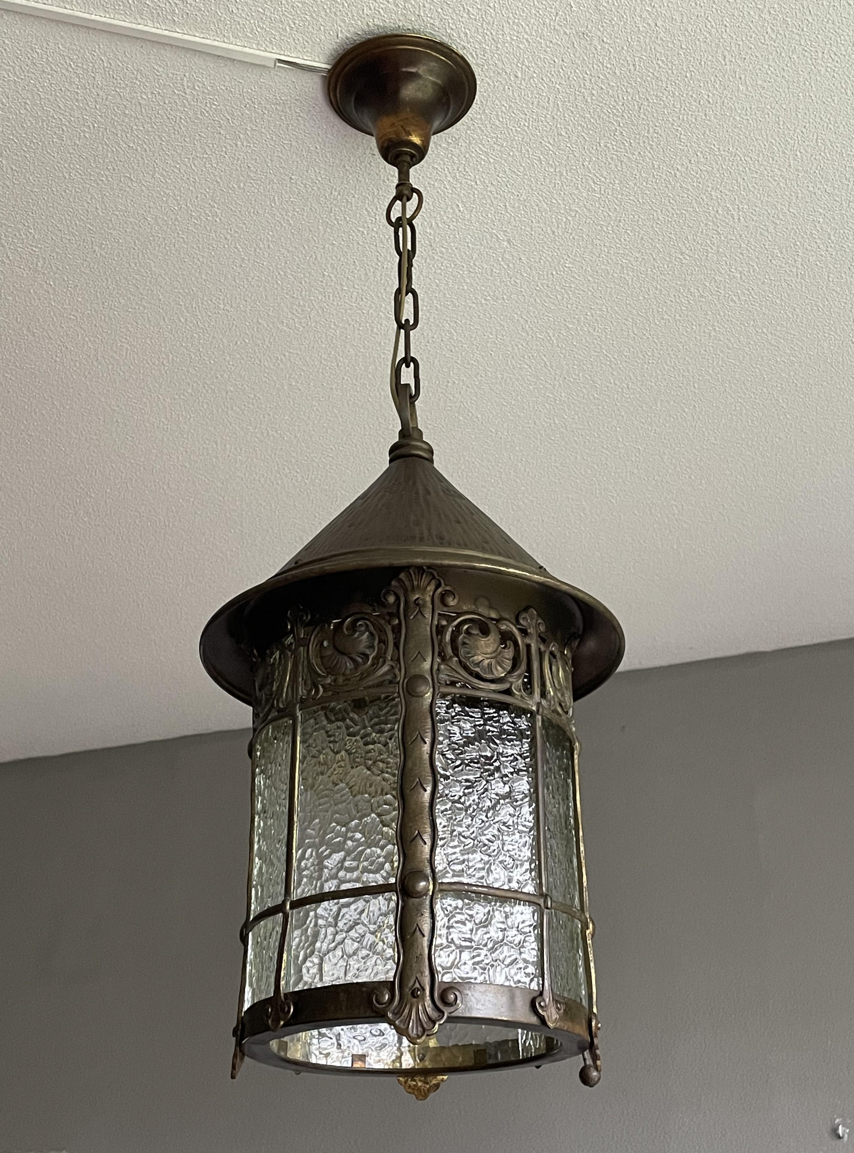 Arts & Crafts Bronze Brass & Cathedral Glass Hallway or Stable Lantern / Pendant For Sale 10