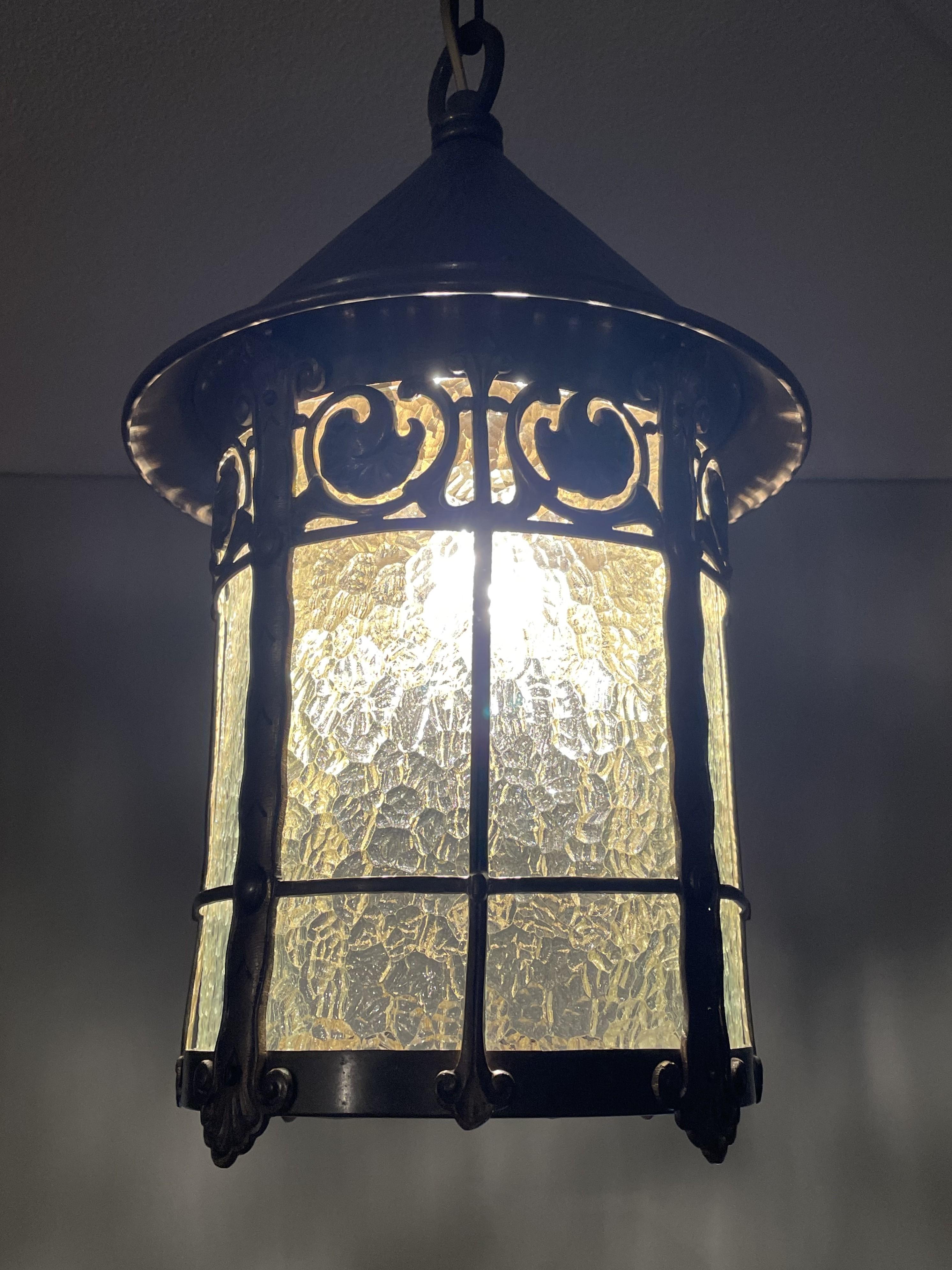 Arts & Crafts Bronze Brass & Cathedral Glass Hallway or Stable Lantern / Pendant For Sale 11