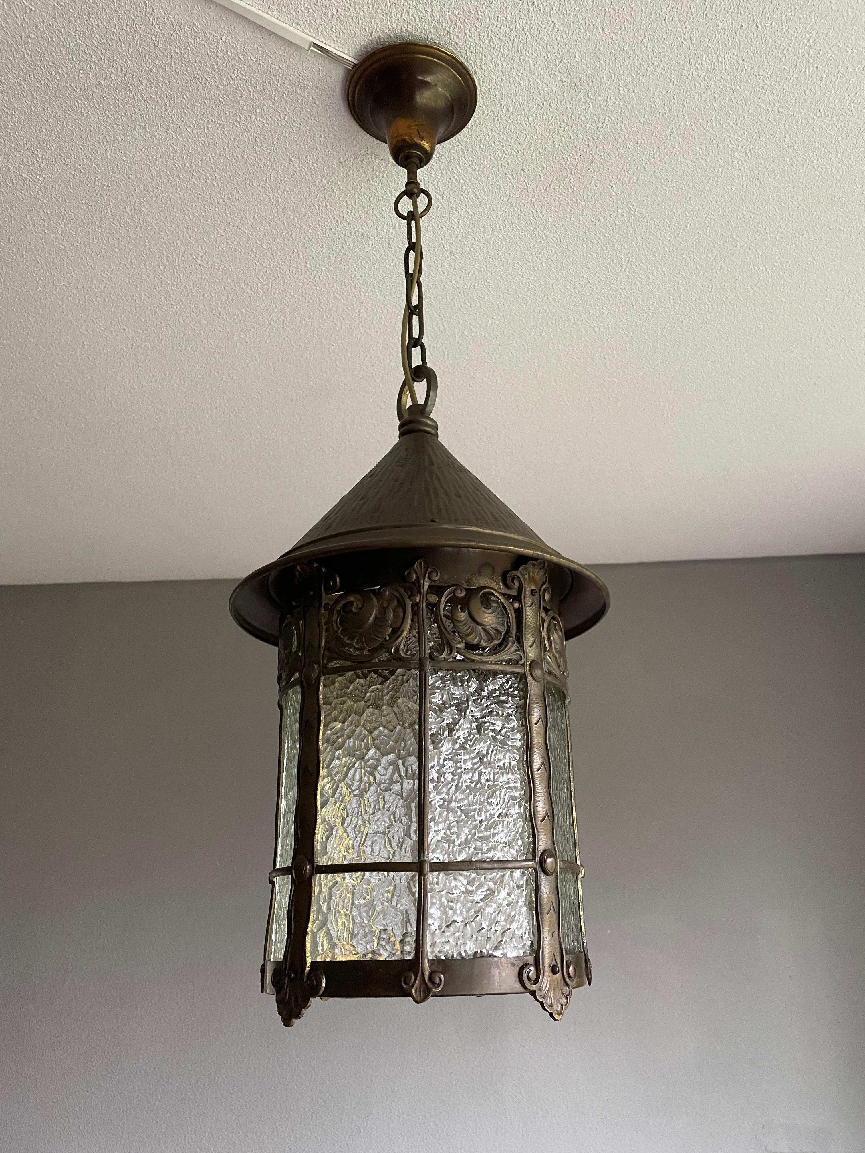 Arts & Crafts Bronze Brass & Cathedral Glass Hallway or Stable Lantern / Pendant For Sale 12