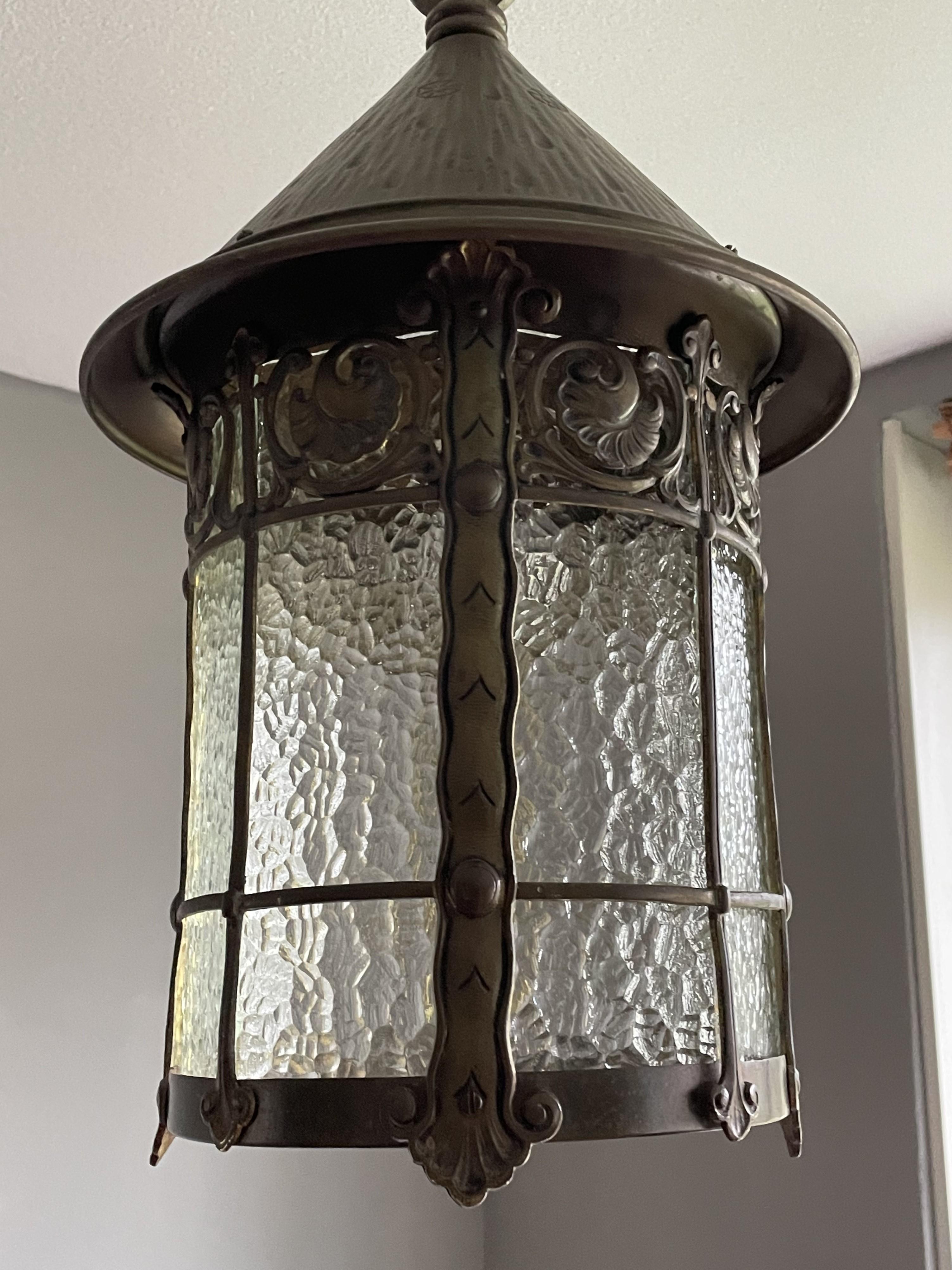Arts and Crafts Arts & Crafts Bronze Brass & Cathedral Glass Hallway or Stable Lantern / Pendant For Sale