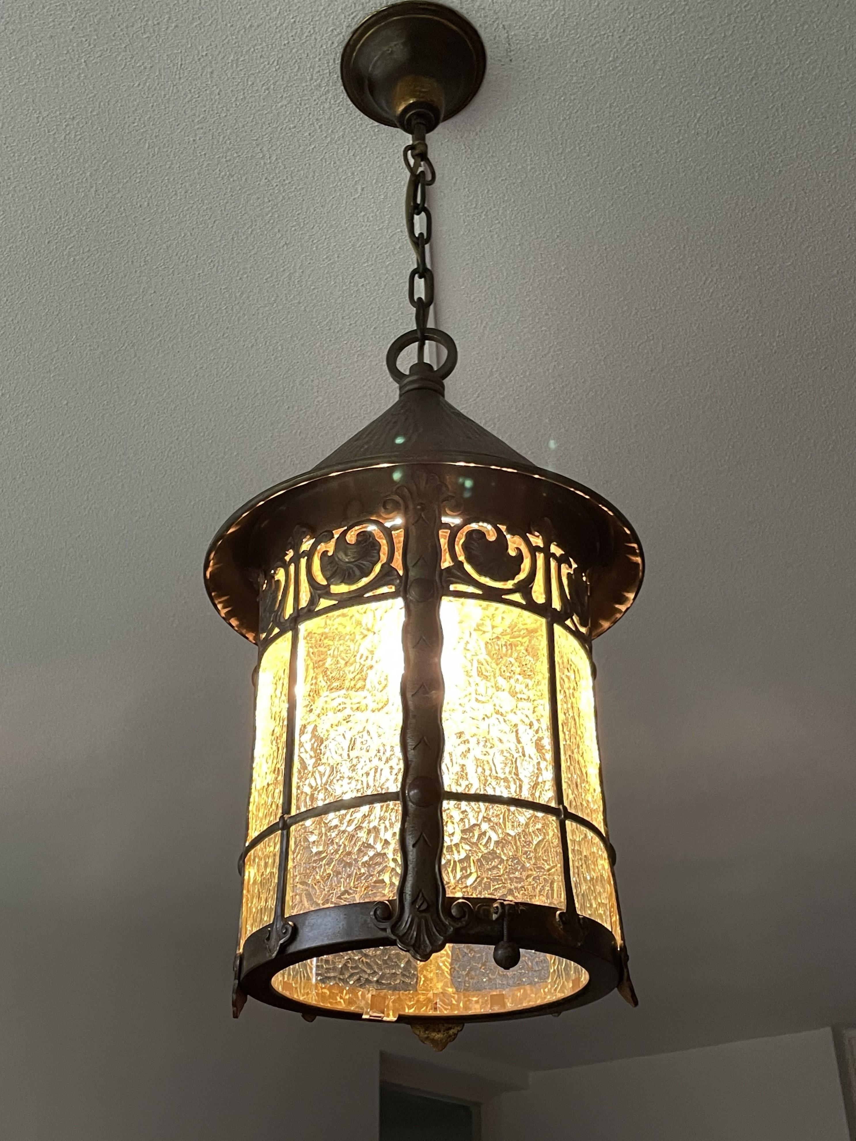 European Arts & Crafts Bronze Brass & Cathedral Glass Hallway or Stable Lantern / Pendant For Sale