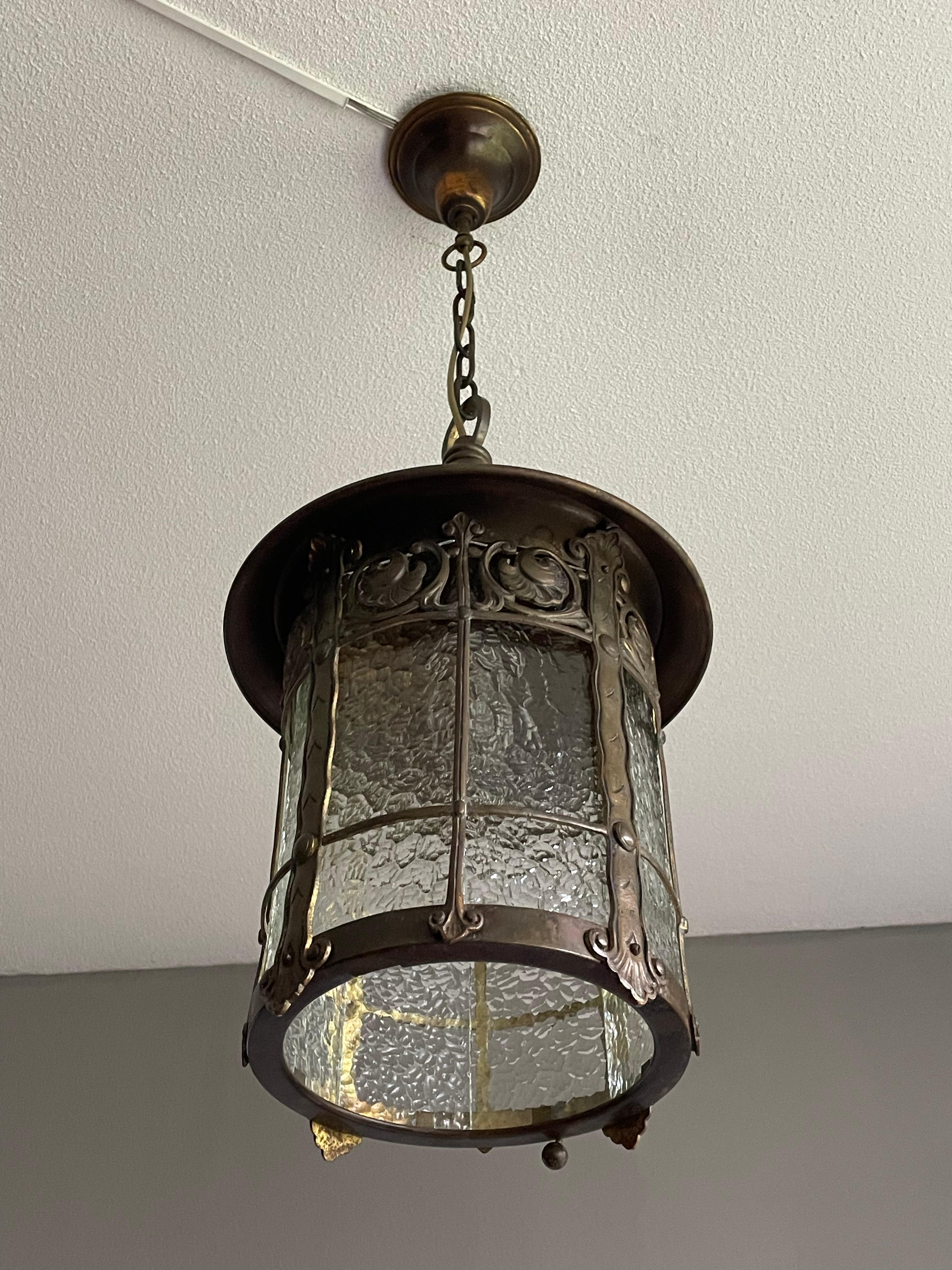 Bronzed Arts & Crafts Bronze Brass & Cathedral Glass Hallway or Stable Lantern / Pendant For Sale