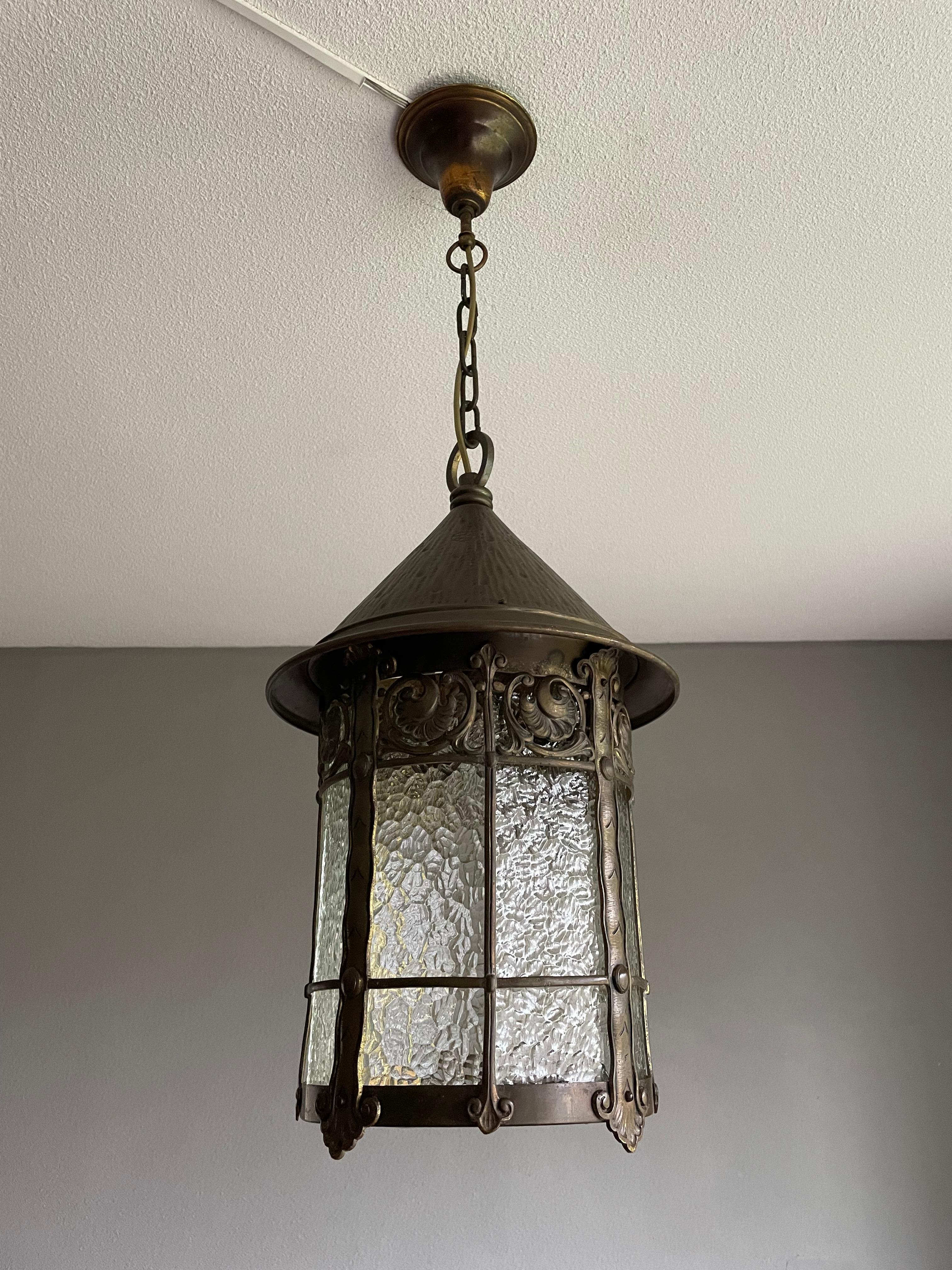 20th Century Arts & Crafts Bronze Brass & Cathedral Glass Hallway or Stable Lantern / Pendant For Sale