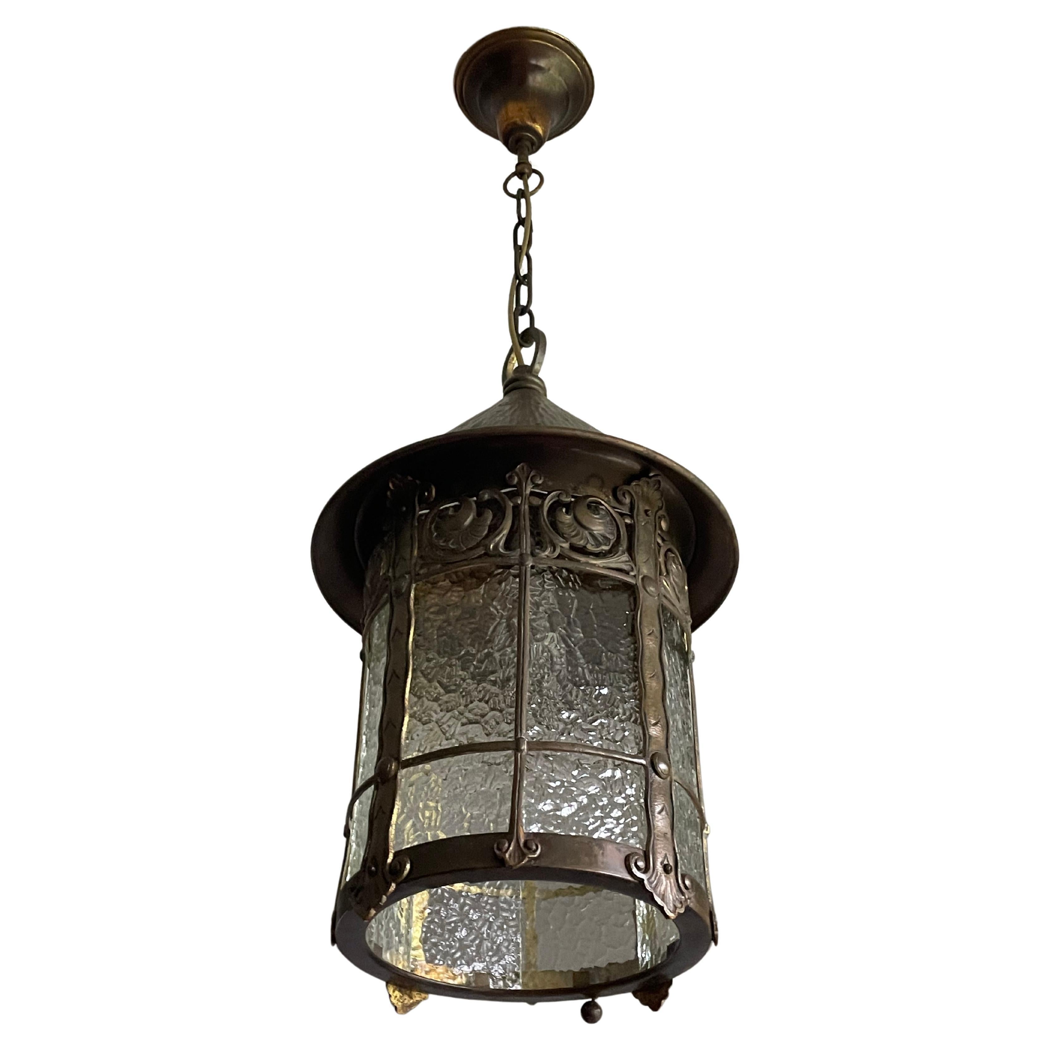 Arts & Crafts Bronze Brass & Cathedral Glass Hallway or Stable Lantern / Pendant For Sale