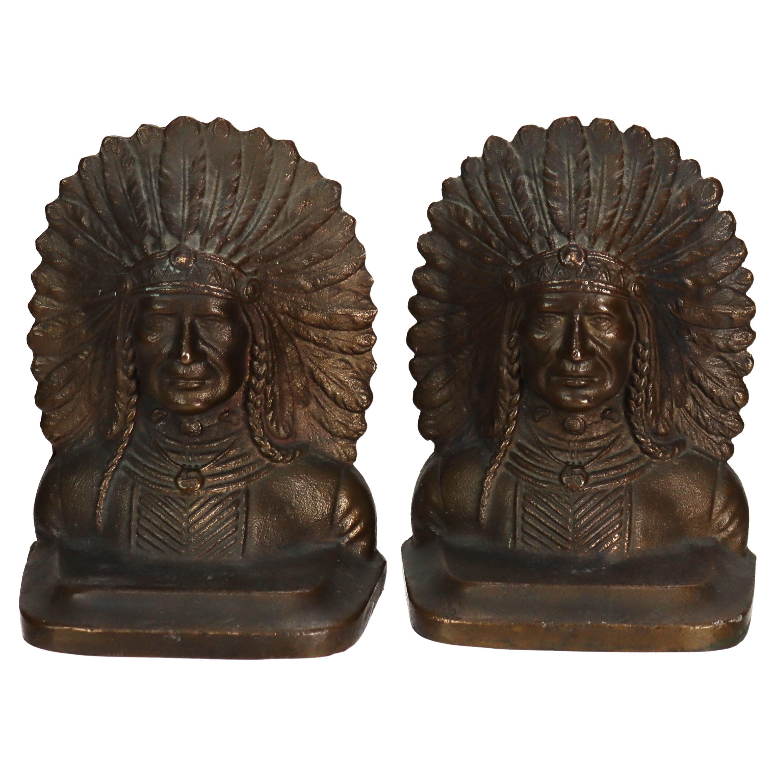 Arts & Crafts Bronze Native American War Chief Bookends c1920