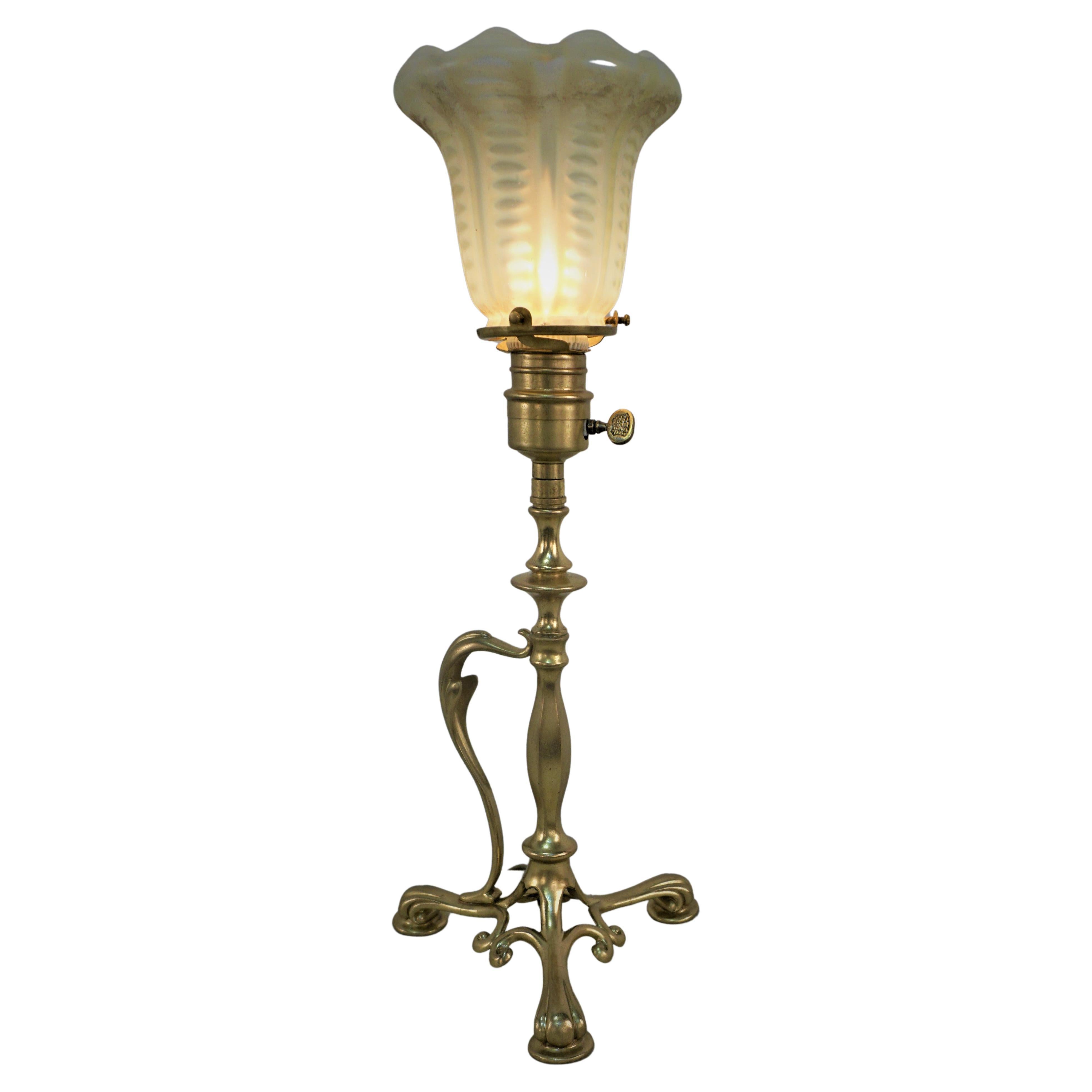 Arts & Crafts Bronze Table Lamp with Vaseline Glass Shade For Sale