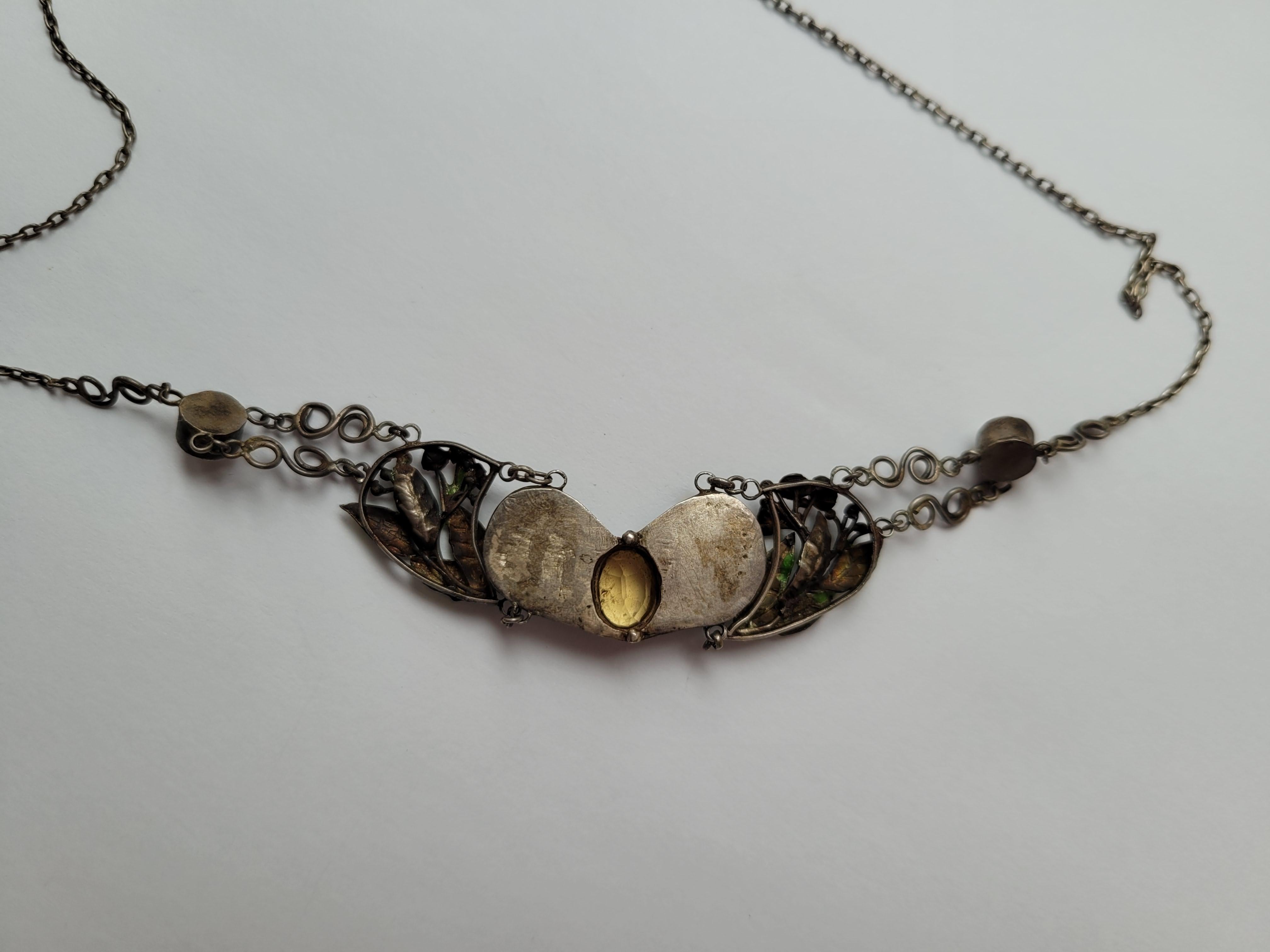 Arts & Crafts c.1900s Moonstone Citrine Enamel Silver Necklace For Sale 7
