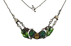 Arts & Crafts c.1900s Moonstone Citrine Enamel Silver Necklace