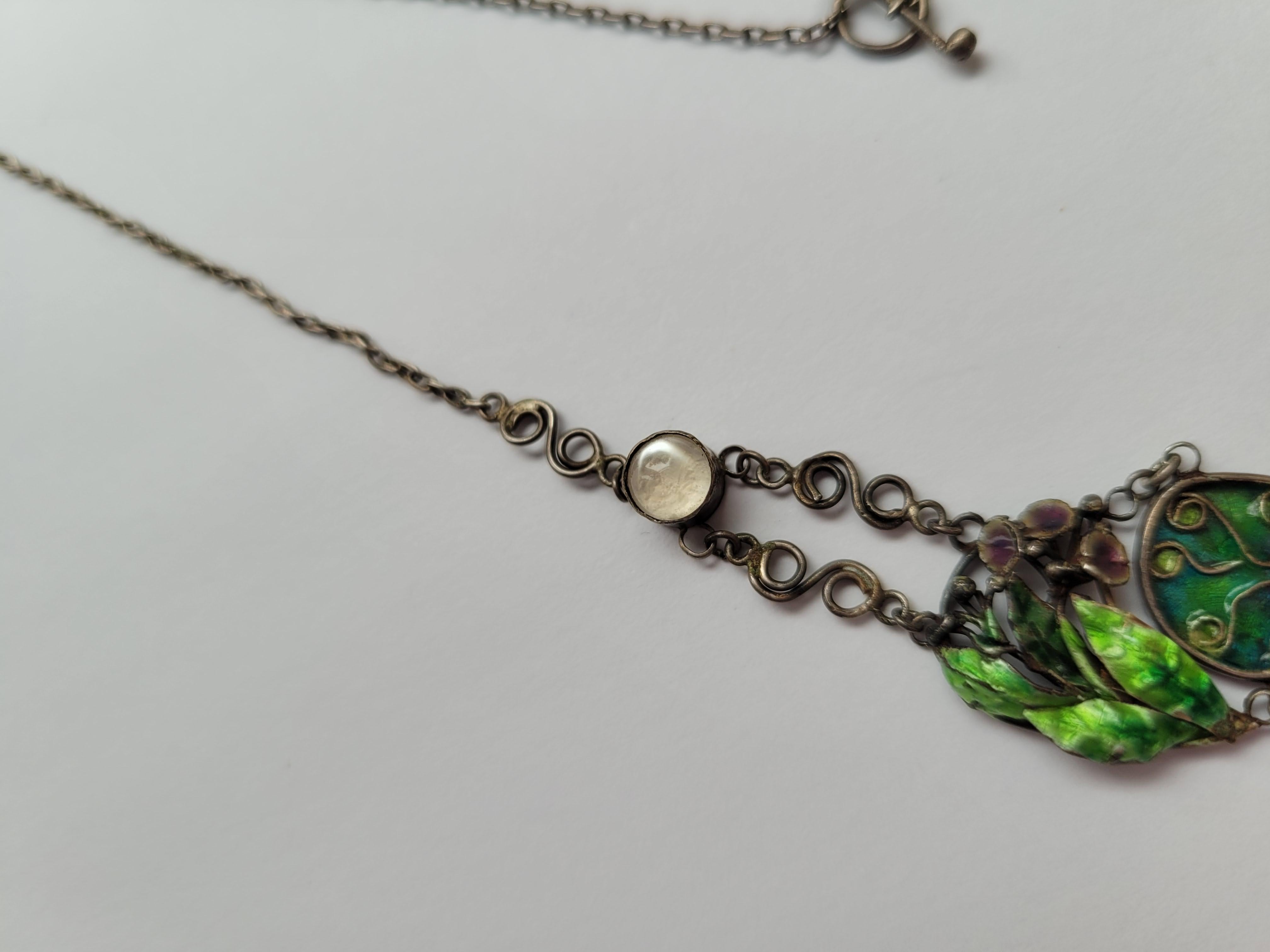 Arts and Crafts Arts & Crafts c.1900s Moonstone Citrine Enamel Silver Necklace For Sale