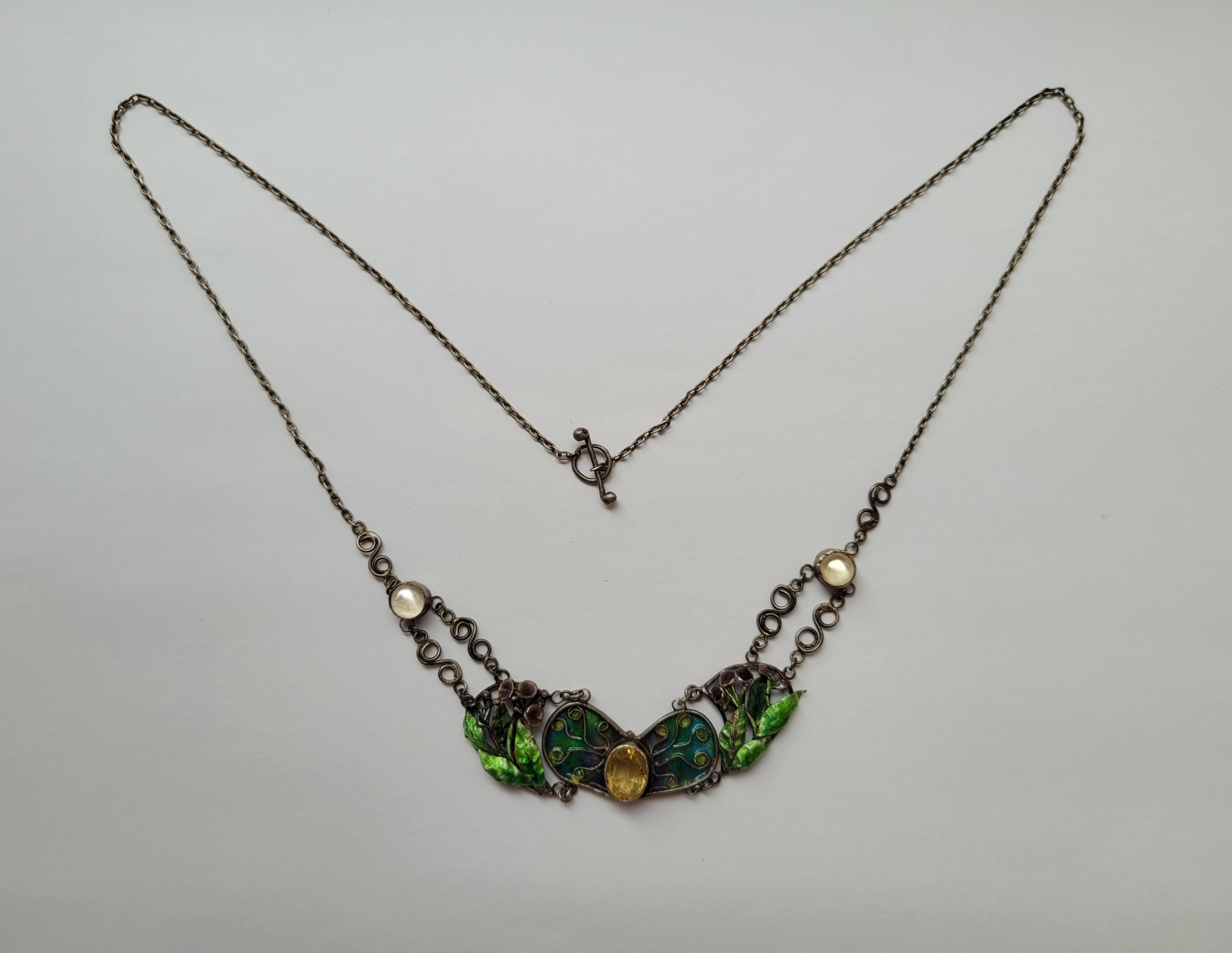 Cabochon Arts & Crafts c.1900s Moonstone Citrine Enamel Silver Necklace For Sale