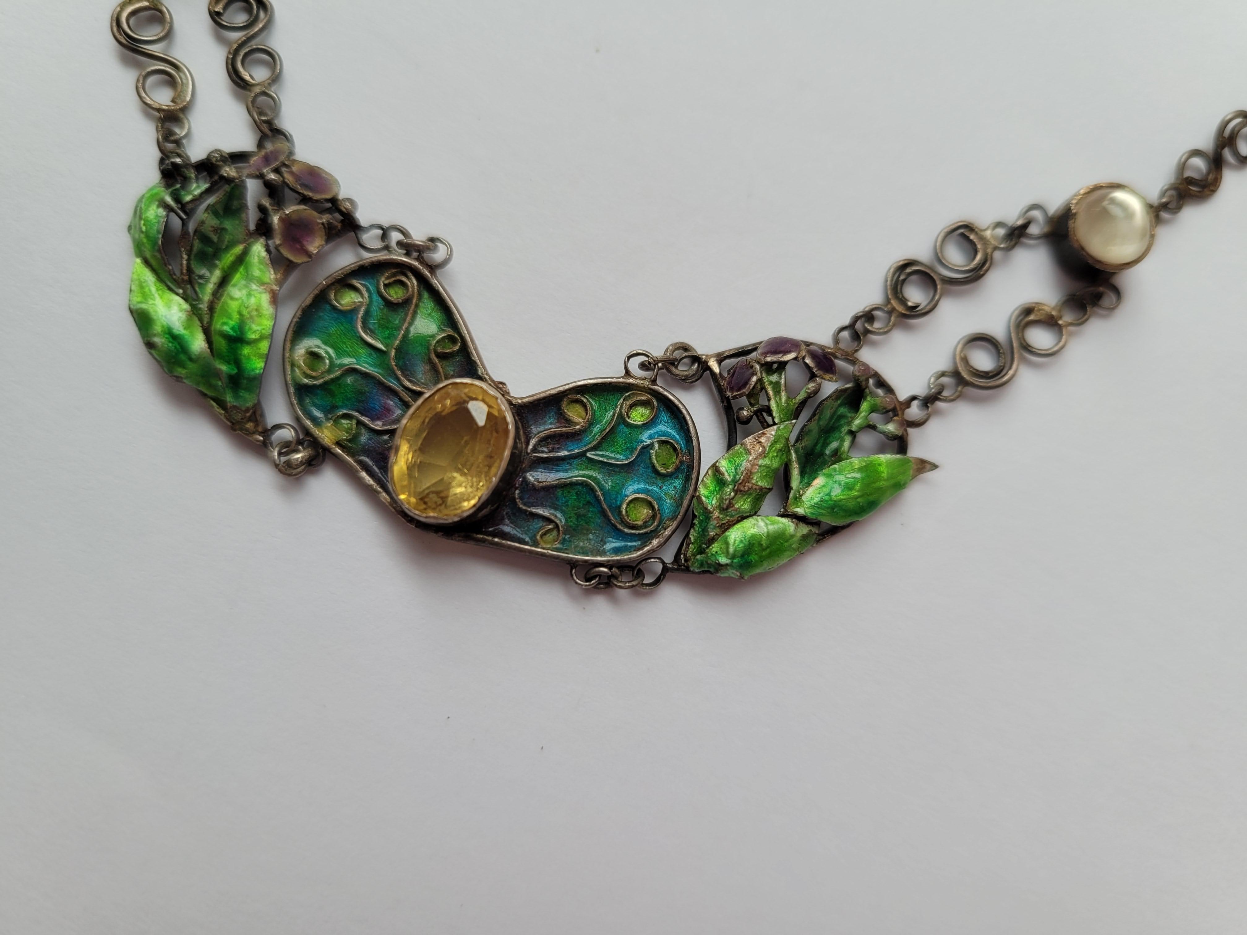 Women's Arts & Crafts c.1900s Moonstone Citrine Enamel Silver Necklace For Sale