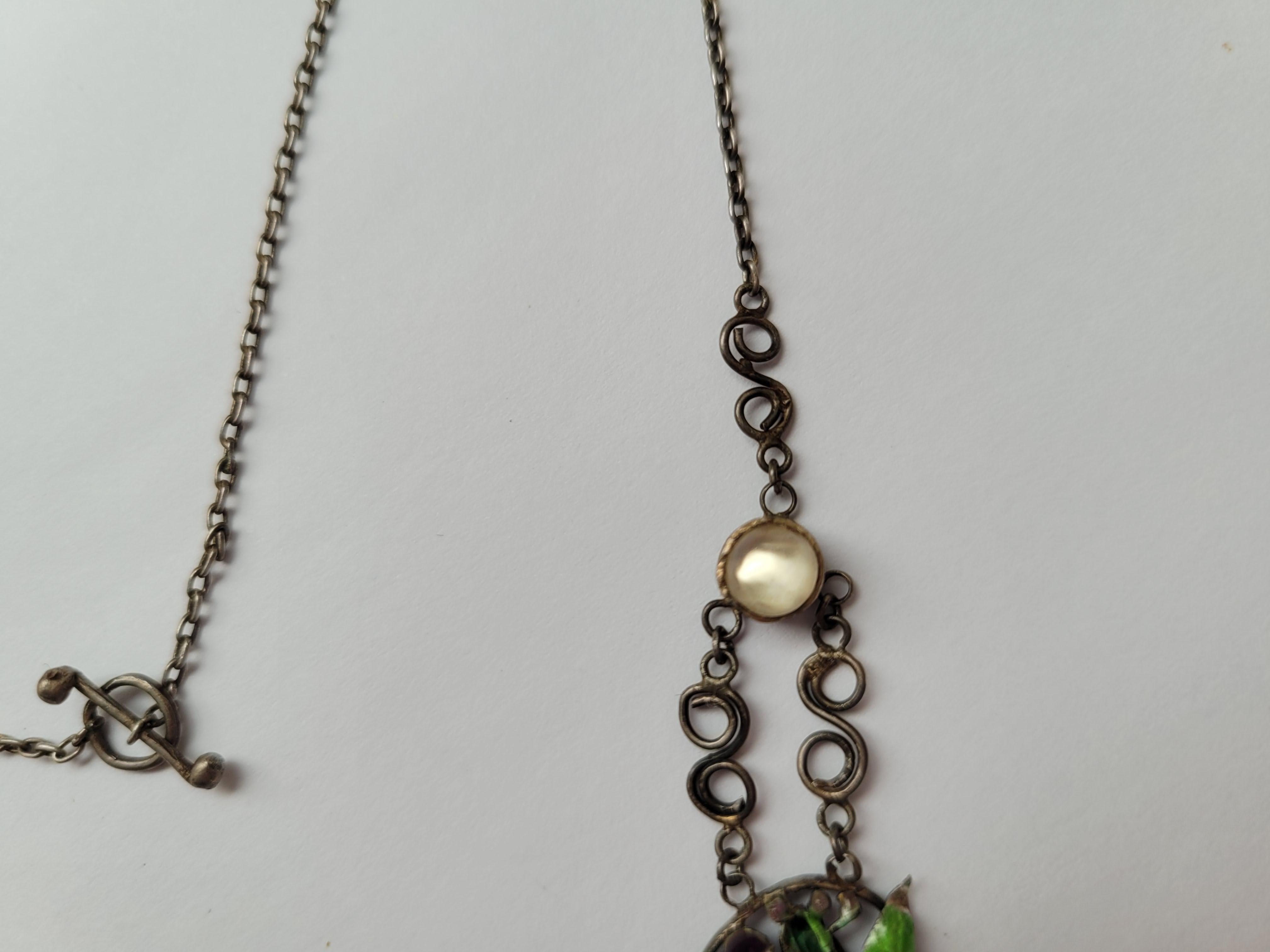 Arts & Crafts c.1900s Moonstone Citrine Enamel Silver Necklace For Sale 1
