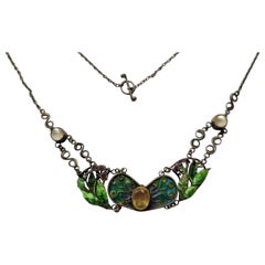 Arts & Crafts c.1900s Moonstone Citrine Enamel Silver Necklace