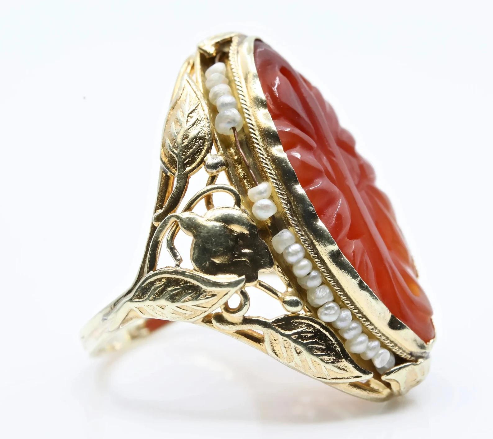 Arts and Crafts Arts & Crafts Carved Carnelian and Pearl Ring in 14K Yellow Gold For Sale
