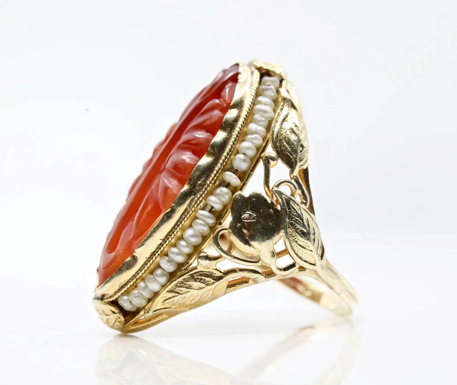 Marquise Cut Arts & Crafts Carved Carnelian and Pearl Ring in 14K Yellow Gold For Sale