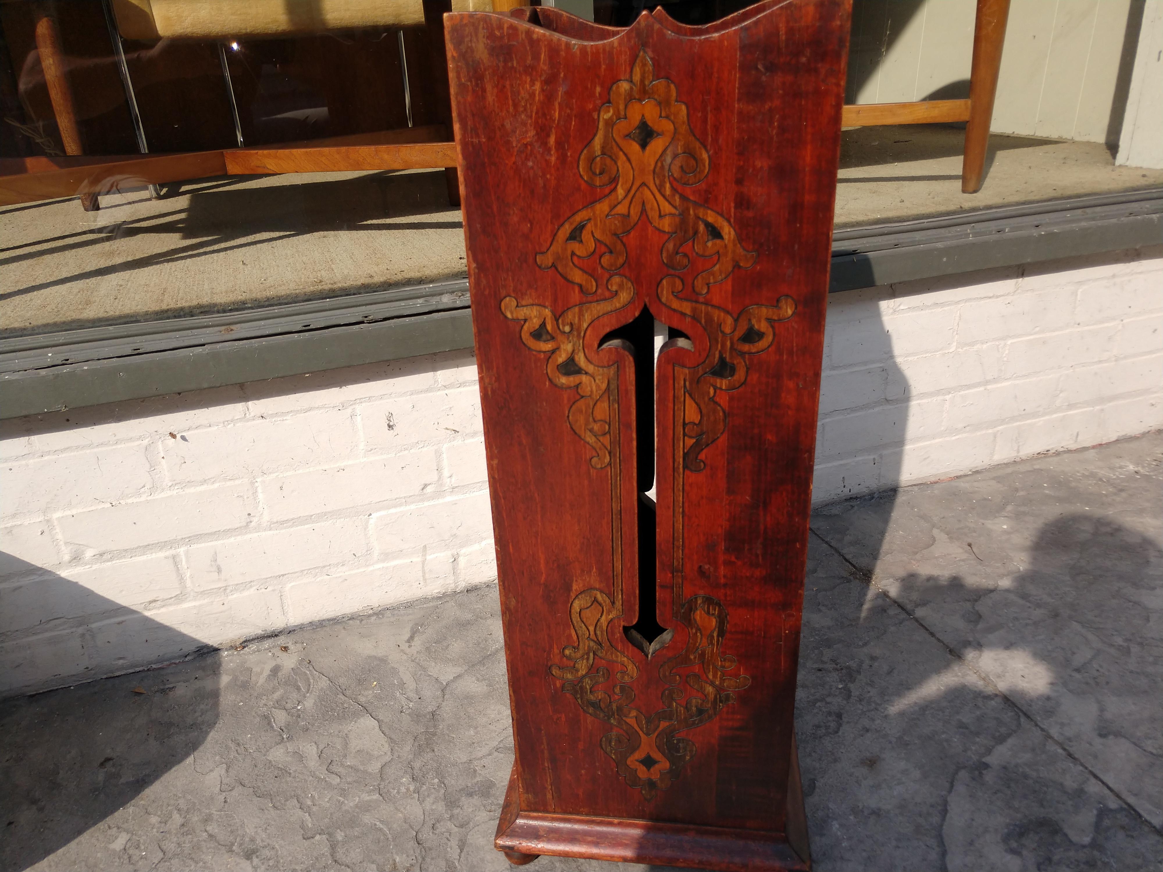 Copper Arts & Crafts Carved Mahogany Umbrella & Cane Holder For Sale