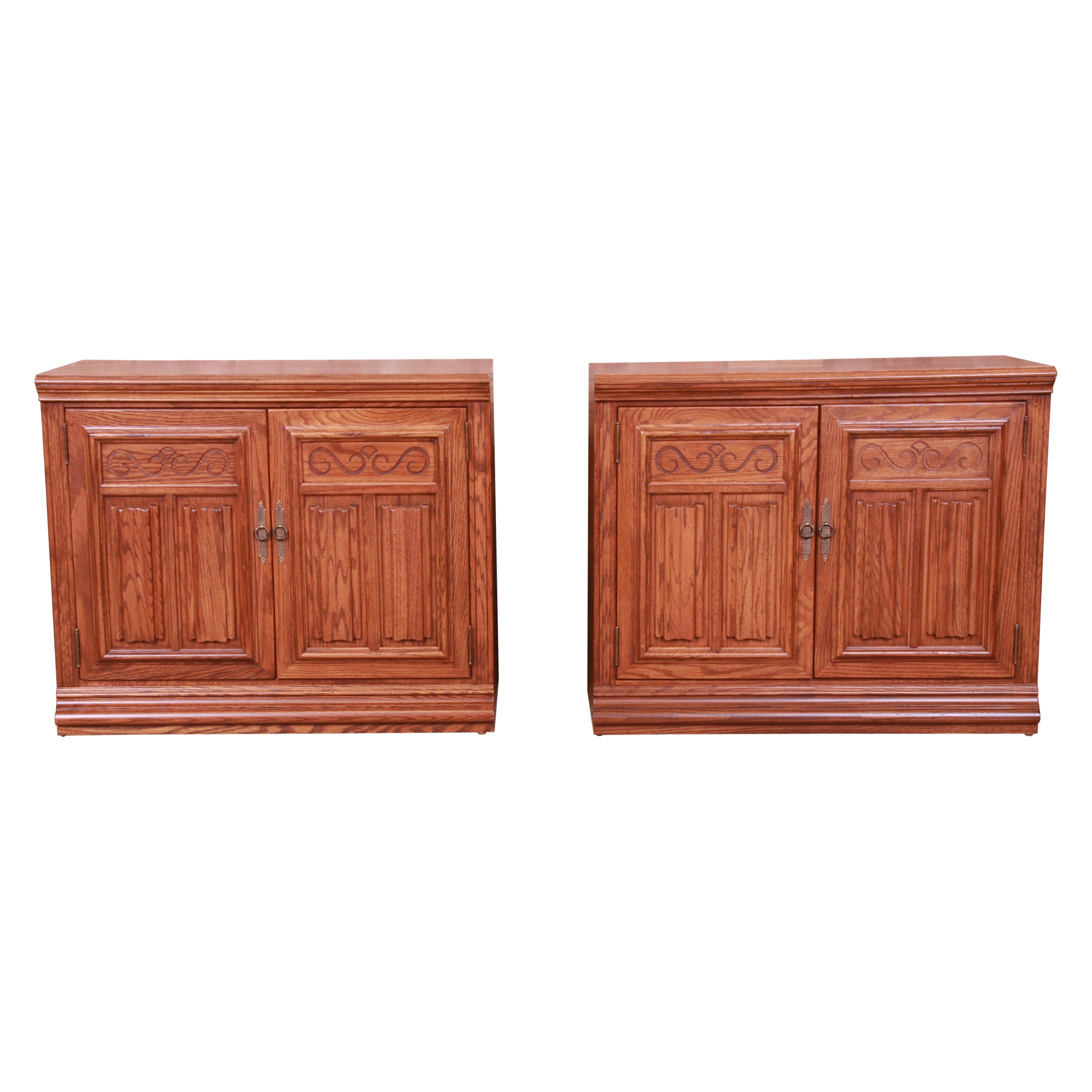 Arts & Crafts Carved Oak Bedside Chests, Newly Refinished