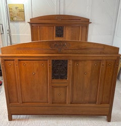 Arts & Crafts Carved Oak Double Bed with Decorative Brass Panels