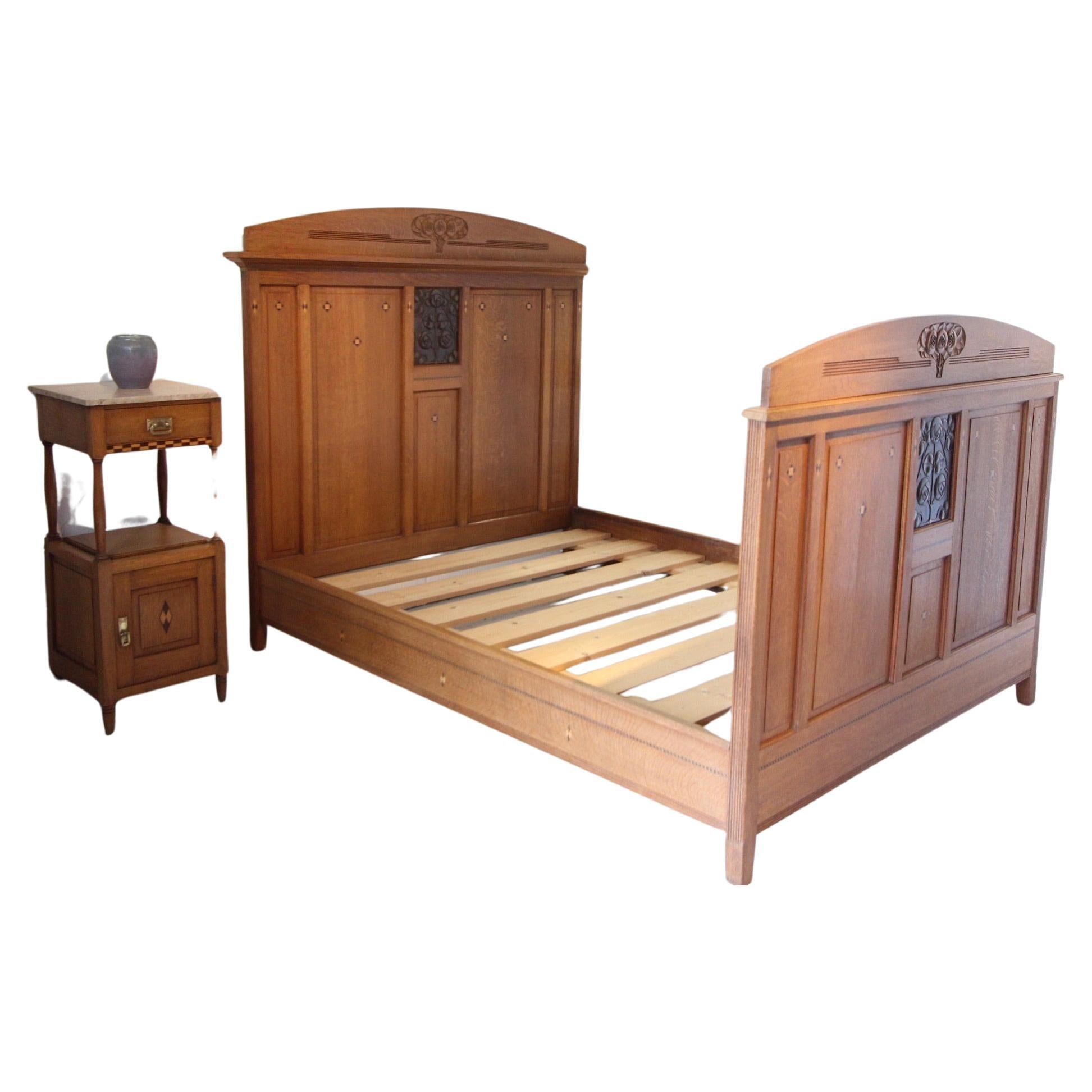 Arts & Crafts Carved Oak Double Bed with Decorative Brass Panels