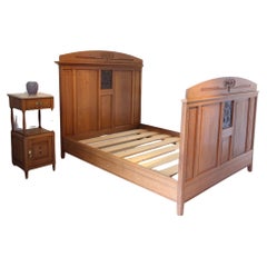Arts & Crafts Carved Oak Double Bed with Decorative Brass Panels