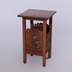 Arts & Crafts Carved Oak Tabouret Stand, Genre Scene, circa 1910