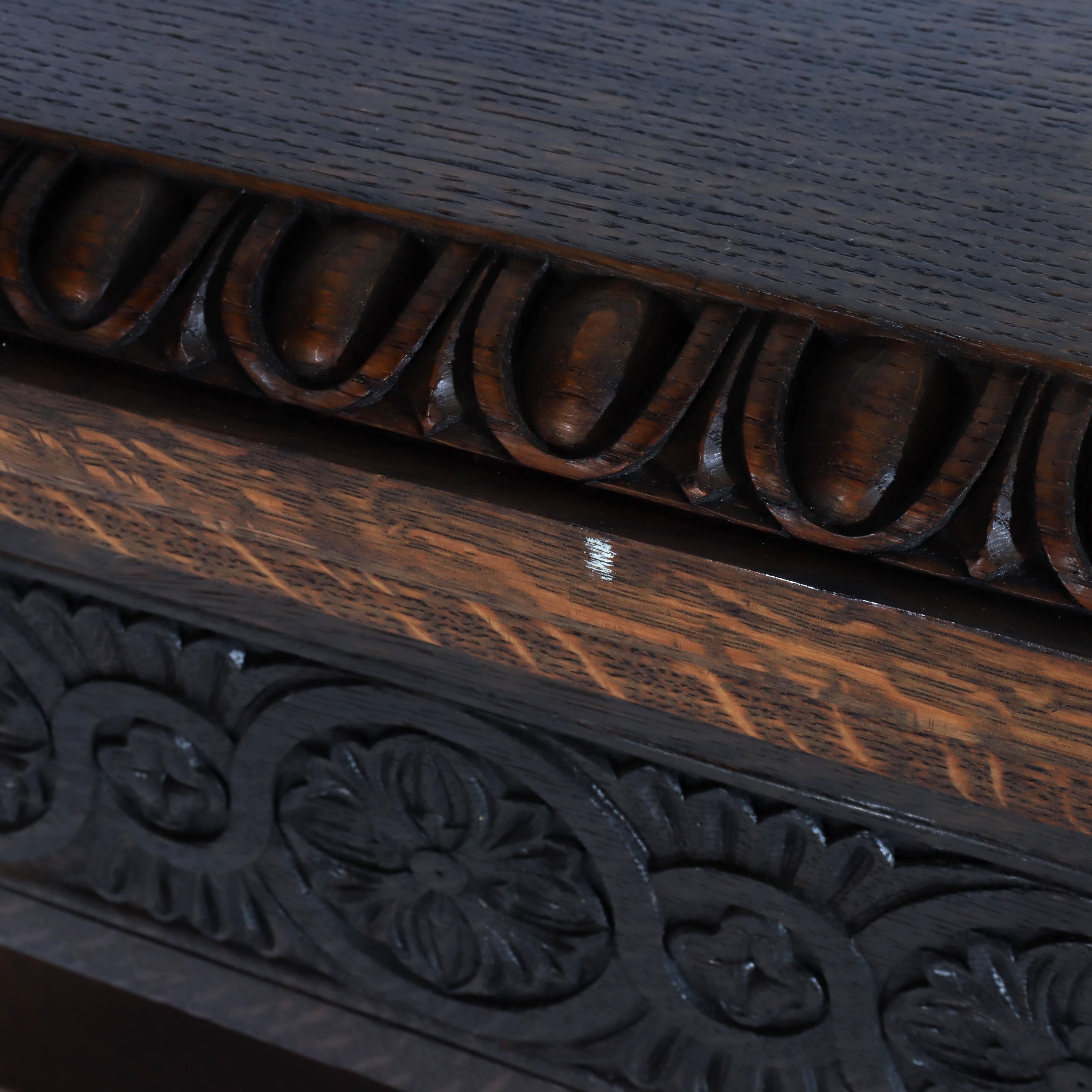 Arts & Crafts Mesa de biblioteca de caballete de roble tallado con patas en forma de lira C1910 en venta 4