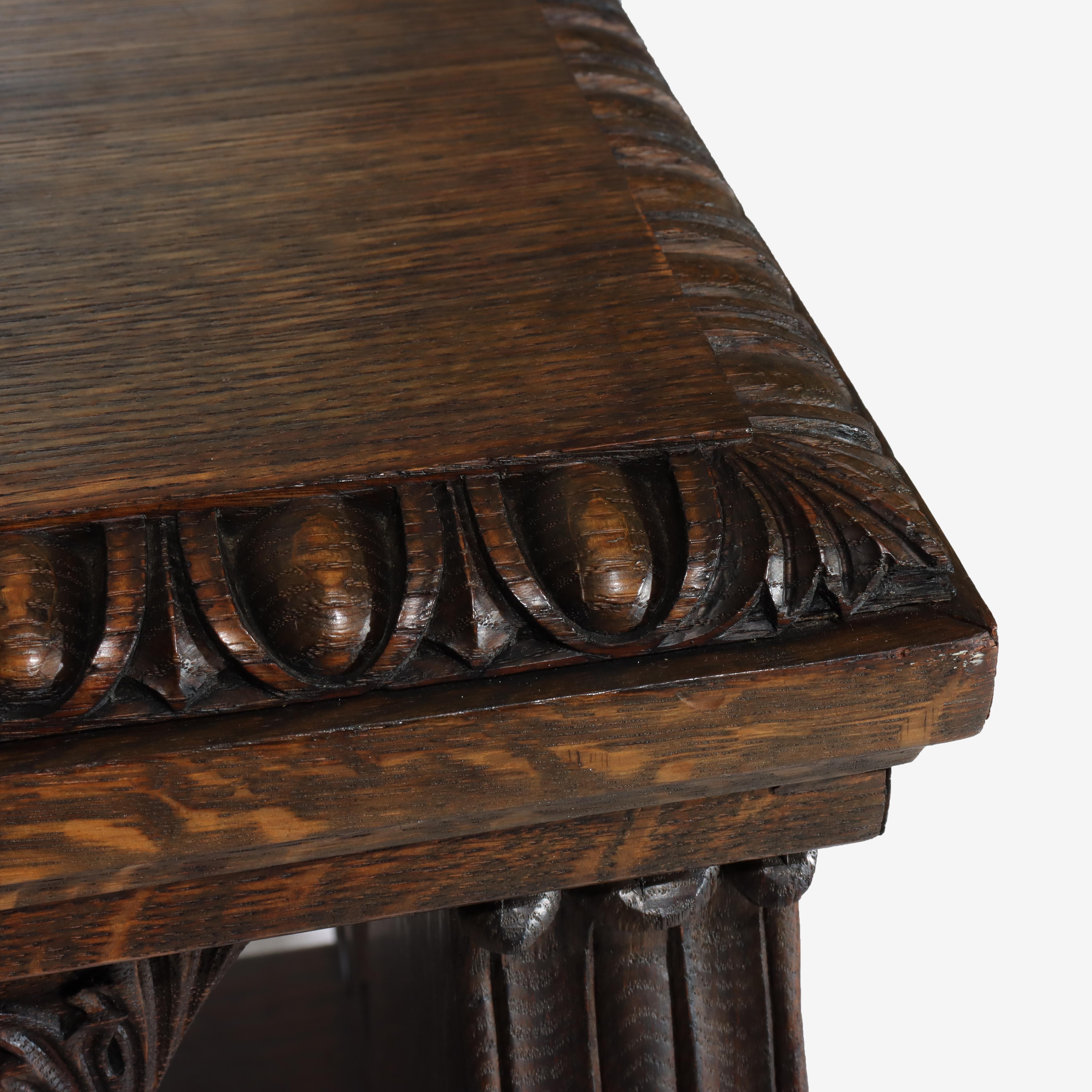 Arts & Crafts Mesa de biblioteca de caballete de roble tallado con patas en forma de lira C1910 en venta 5