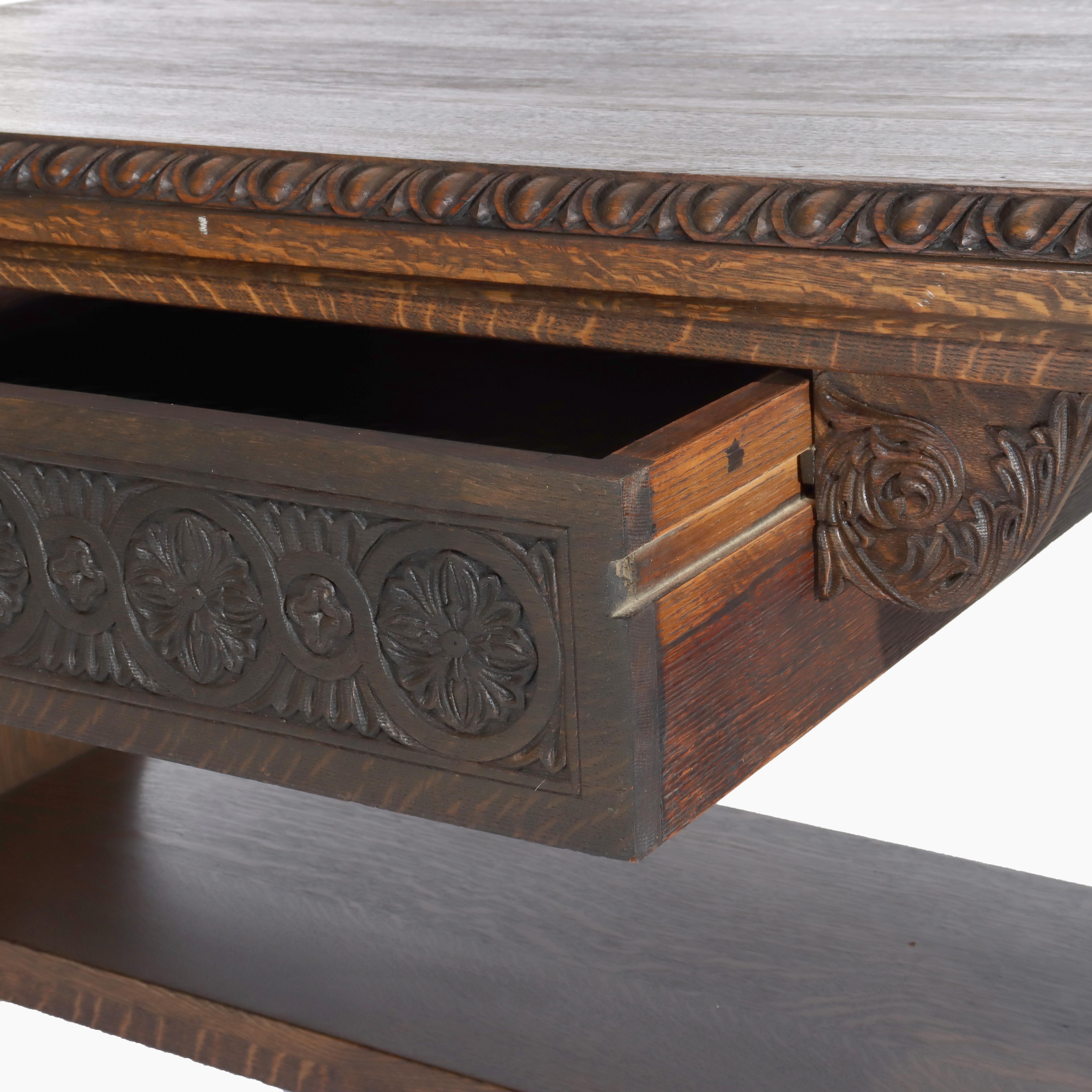 Arts & Crafts Mesa de biblioteca de caballete de roble tallado con patas en forma de lira C1910 en venta 7