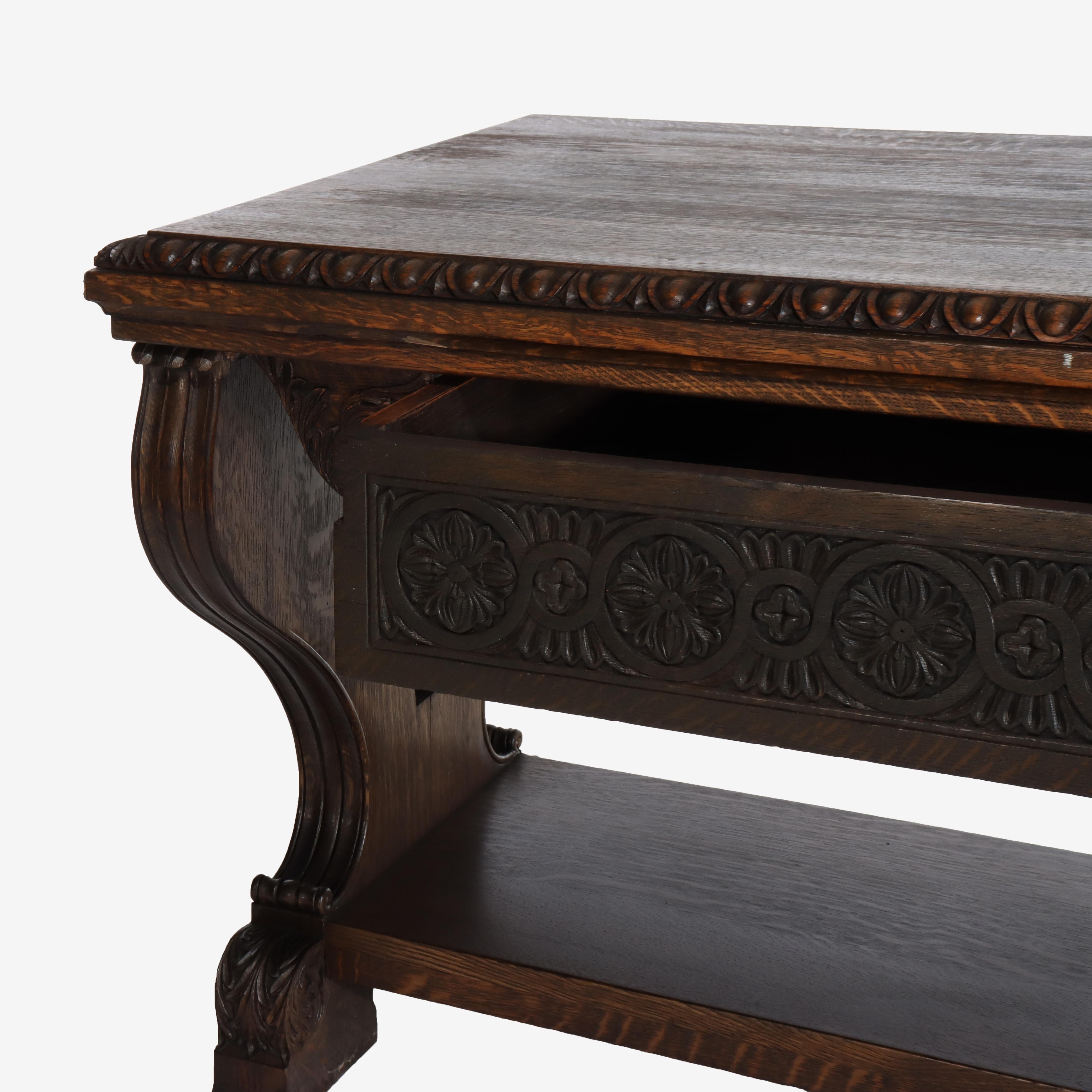 Arts & Crafts Mesa de biblioteca de caballete de roble tallado con patas en forma de lira C1910 en venta 8