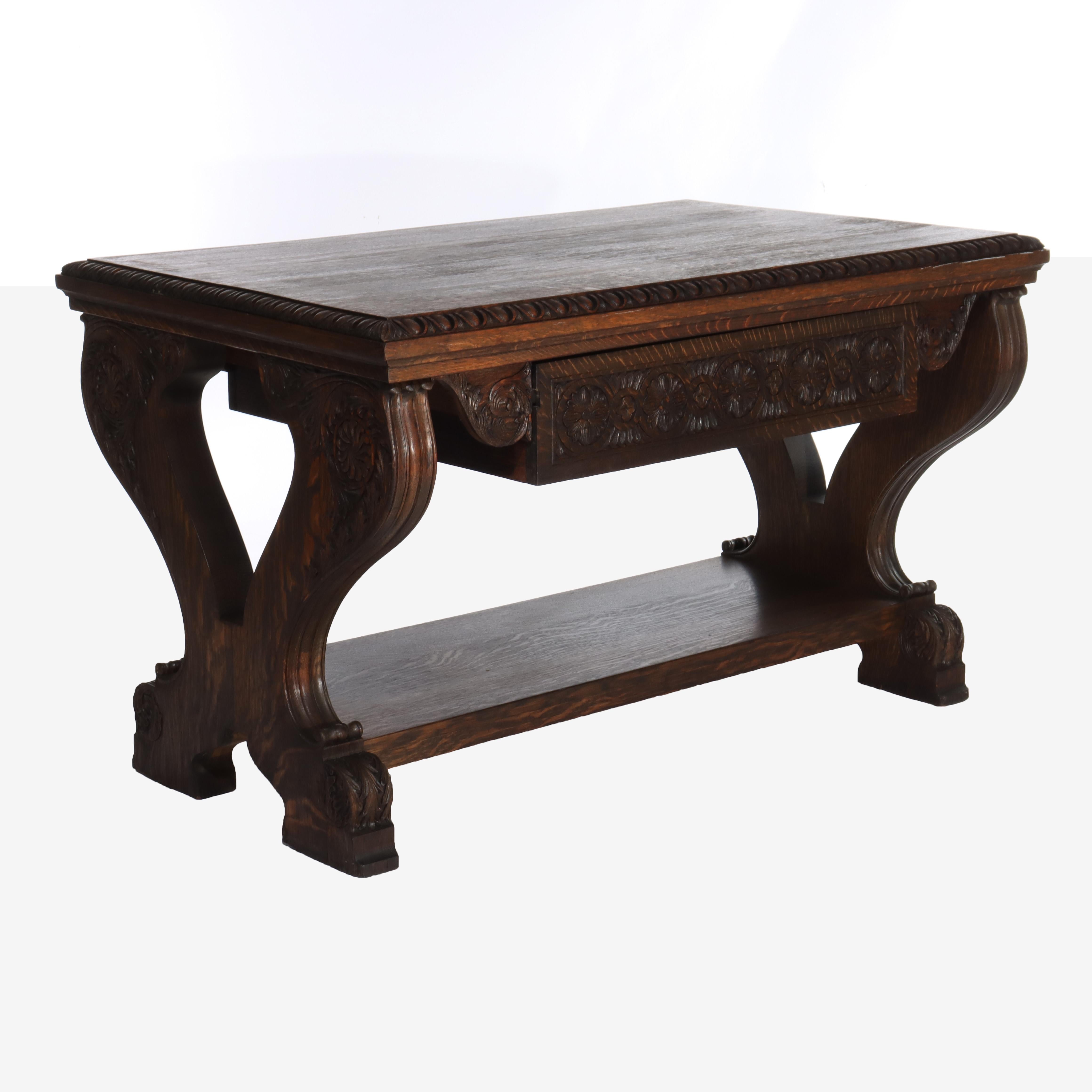 Arts & Crafts Mesa de biblioteca de caballete de roble tallado con patas en forma de lira C1910 en venta 10