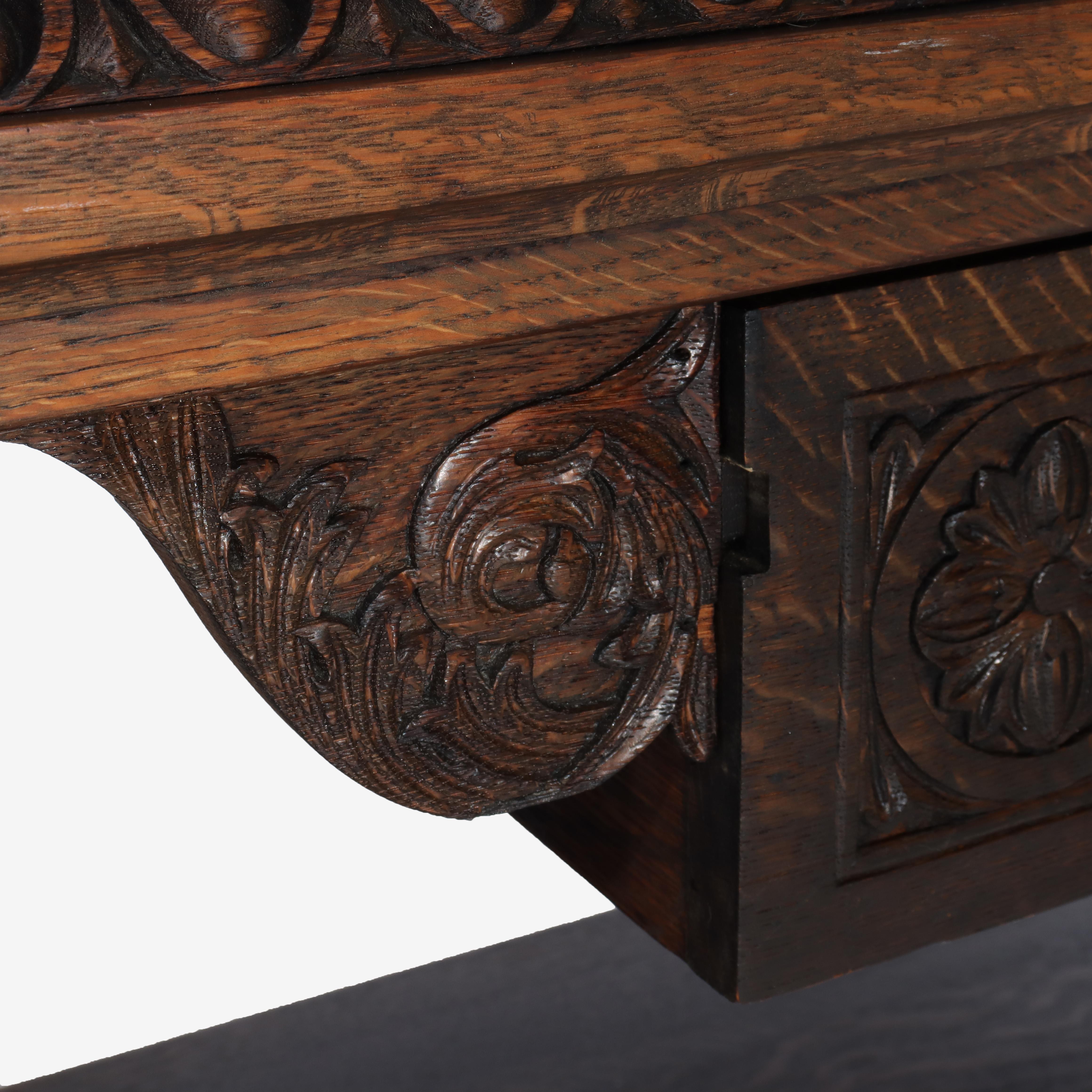 Arts & Crafts Mesa de biblioteca de caballete de roble tallado con patas en forma de lira C1910 en venta 12