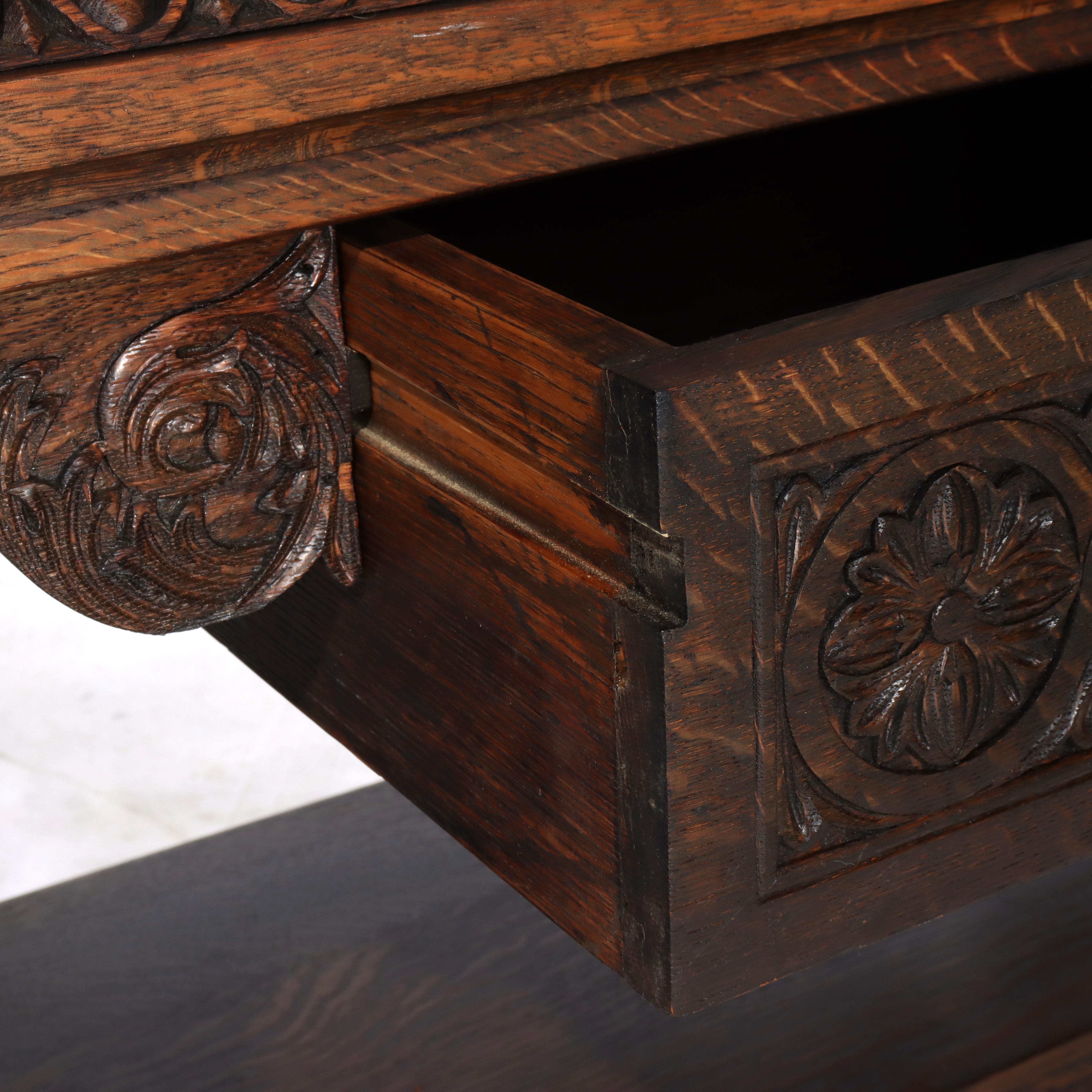 Arts & Crafts Mesa de biblioteca de caballete de roble tallado con patas en forma de lira C1910 en venta 13