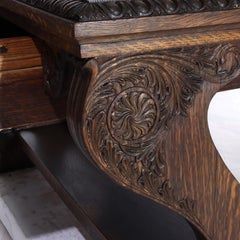 Arts & Crafts Carved Oak Trestle Library Table with Lyre Form Legs C1910