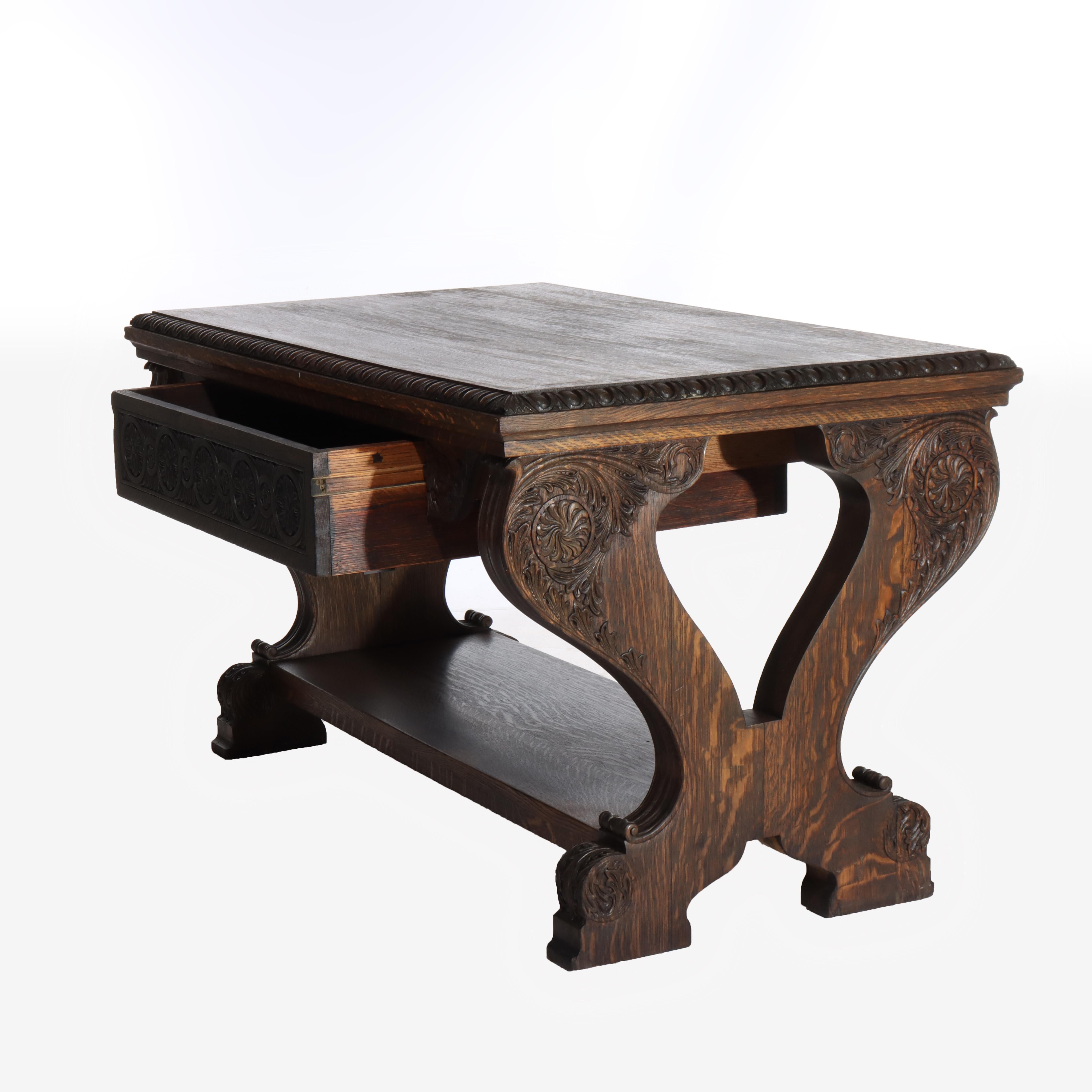 Arts & Crafts Mesa de biblioteca de caballete de roble tallado con patas en forma de lira C1910 Artes y manualidades en venta