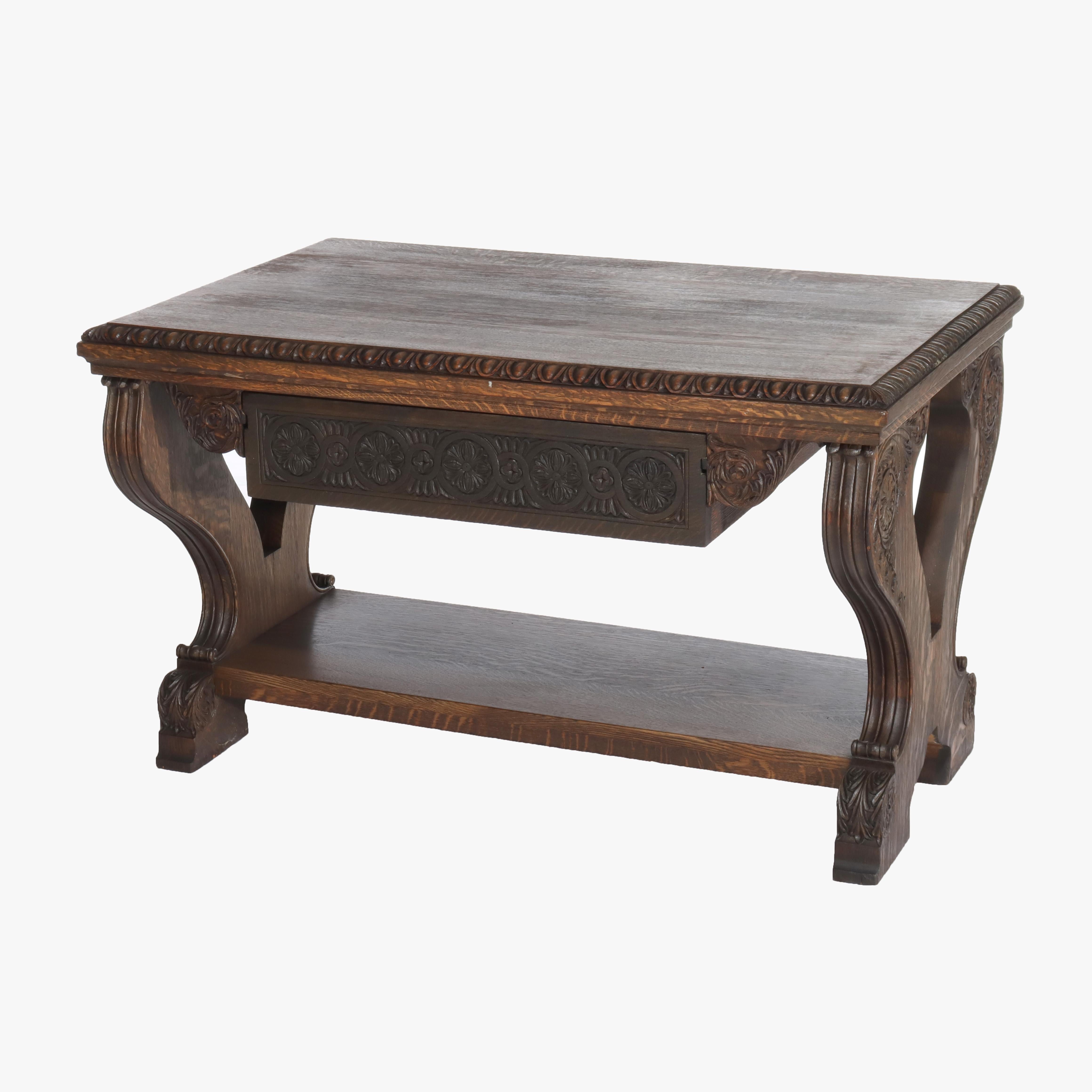 Arts & Crafts Mesa de biblioteca de caballete de roble tallado con patas en forma de lira C1910 en Bueno estado para la venta en Big Flats, NY